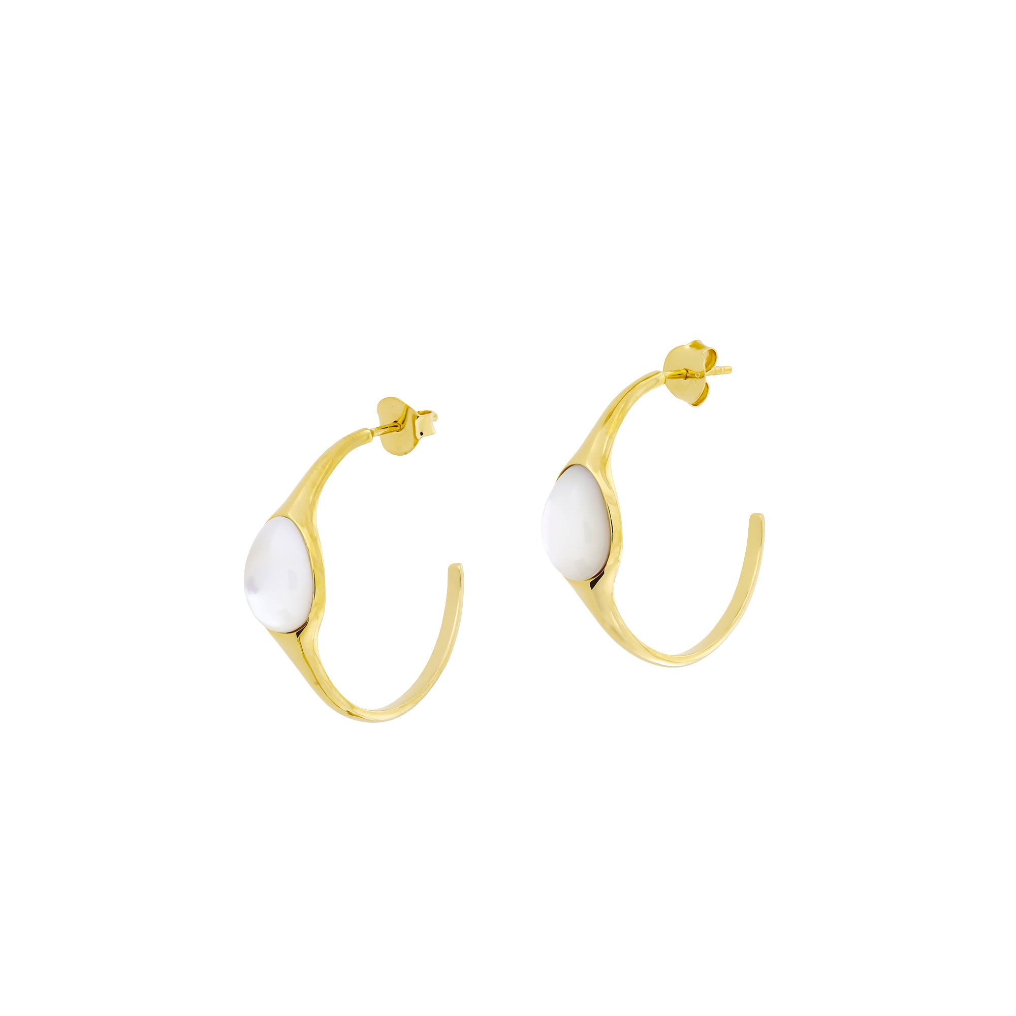 Pair of gold vermeil hoop earrings featuring a sculptural design with smooth mother of pearl accents, showcasing modern elegance in sterling silver jewellery.