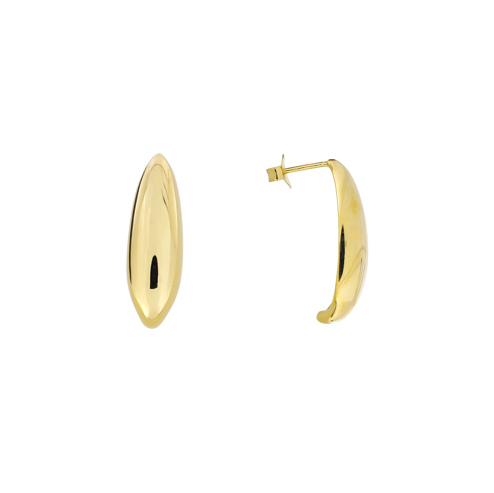 Pair of large gold vermeil earrings with a smooth, elongated curved design and secure post backs, showcasing modern elegance in a polished finish.