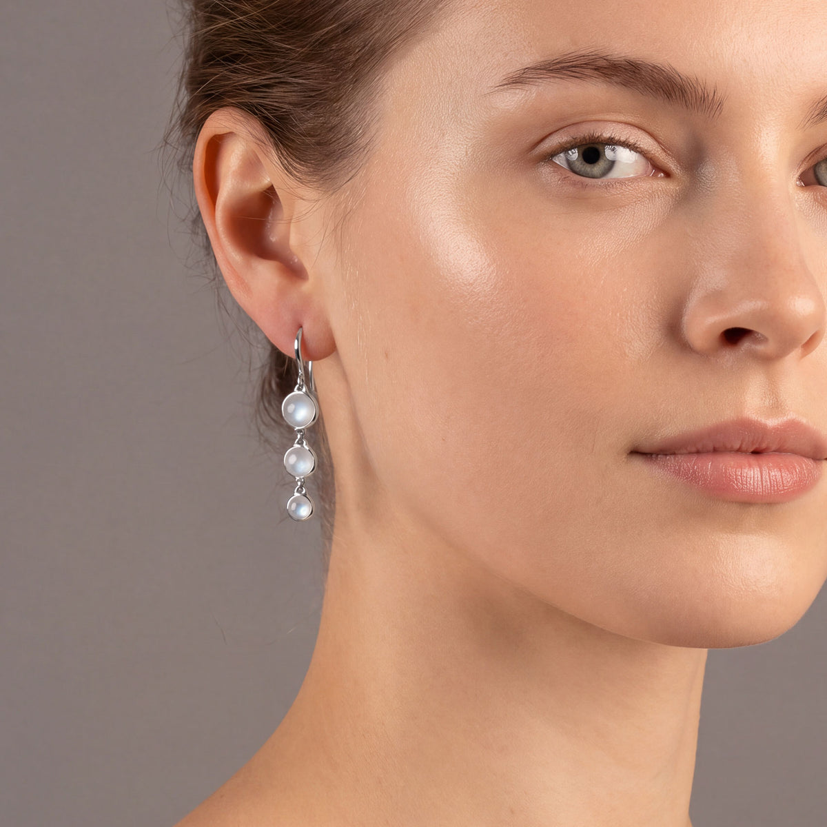 Silver Triple Rainbow Moonstone Drop Earrings