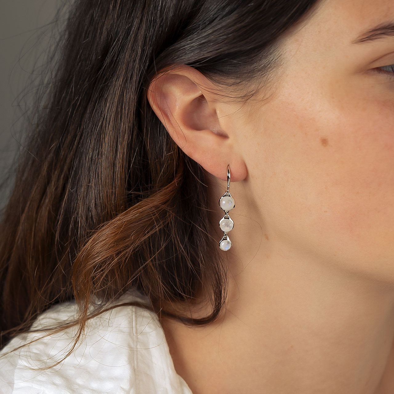 Silver Triple Rainbow Moonstone Drop Earrings