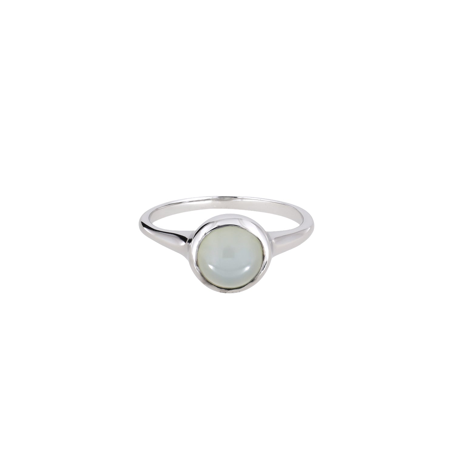 Sterling silver ring featuring a round aqua chalcedony gemstone set in a smooth bezel with a minimalist band for a refined, contemporary look.