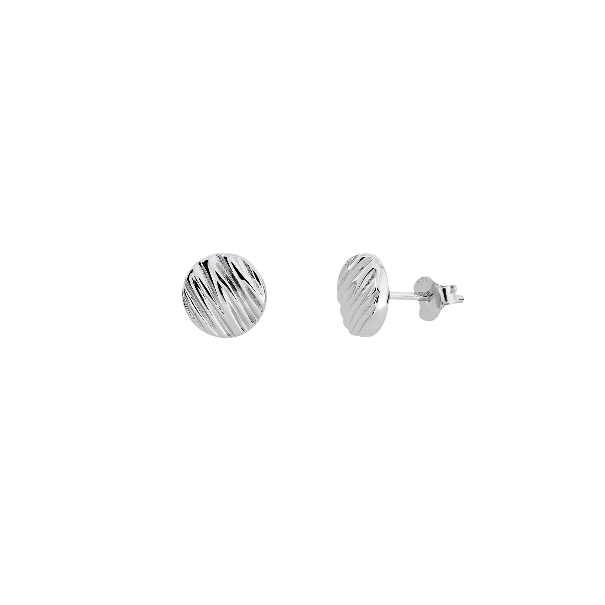 Pair of sterling silver stud earrings with a distinctive grooved surface texture, featuring a compact circular design for a modern and sculptural look.