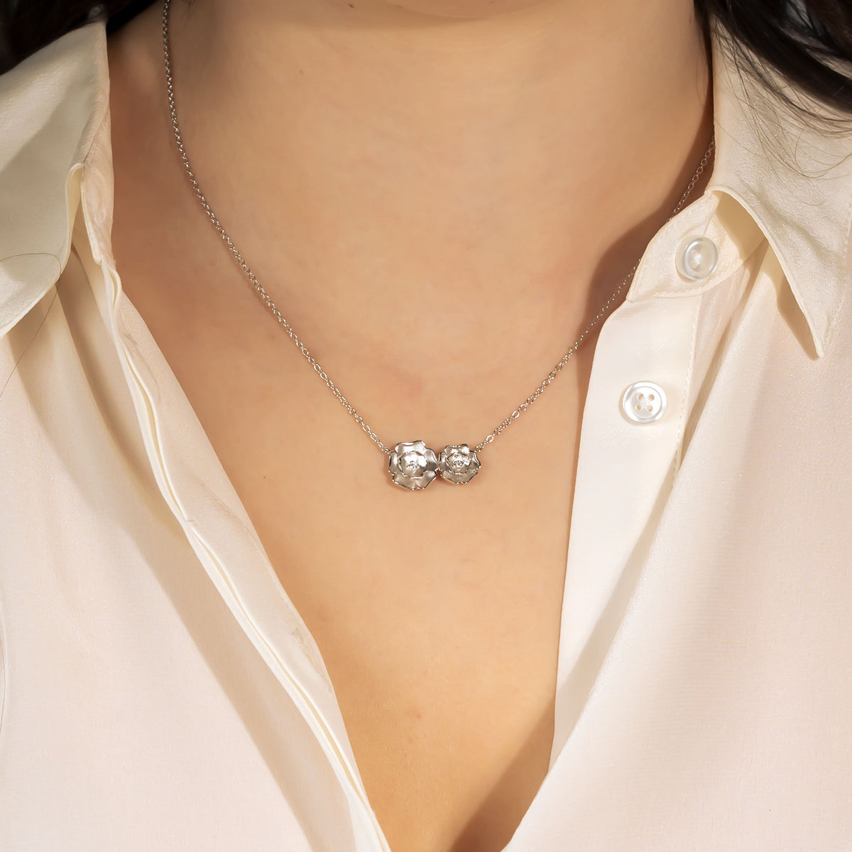 Sterling Silver  Textured Yorkshire Rose Double Necklace