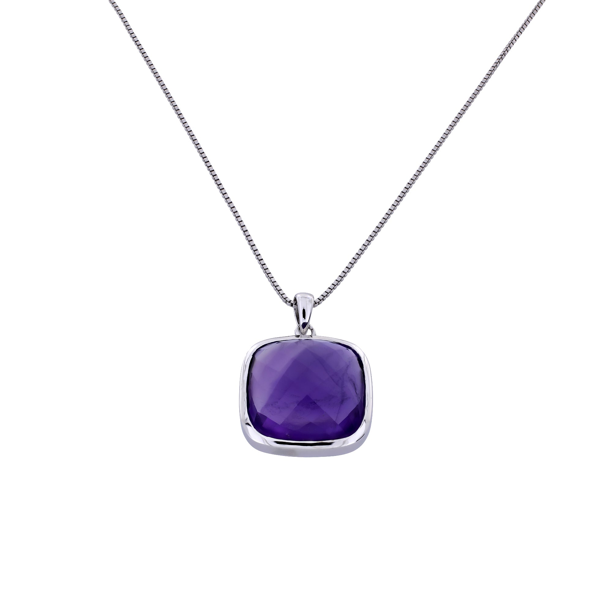 Sterling silver necklace featuring a checker cut amethyst pendant with a polished bezel setting, presented on a fine 42cm semi-flexible collar chain against a white background.