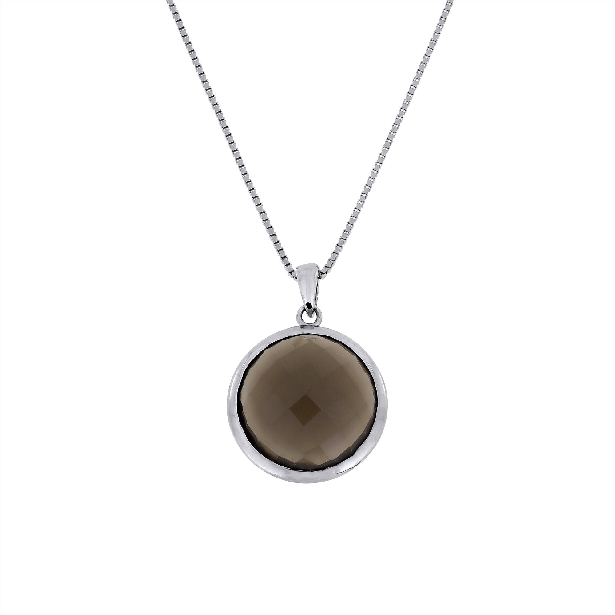 Sterling silver necklace featuring a checker-cut smoky quartz pendant with a polished bezel setting, displayed against a clean white background.