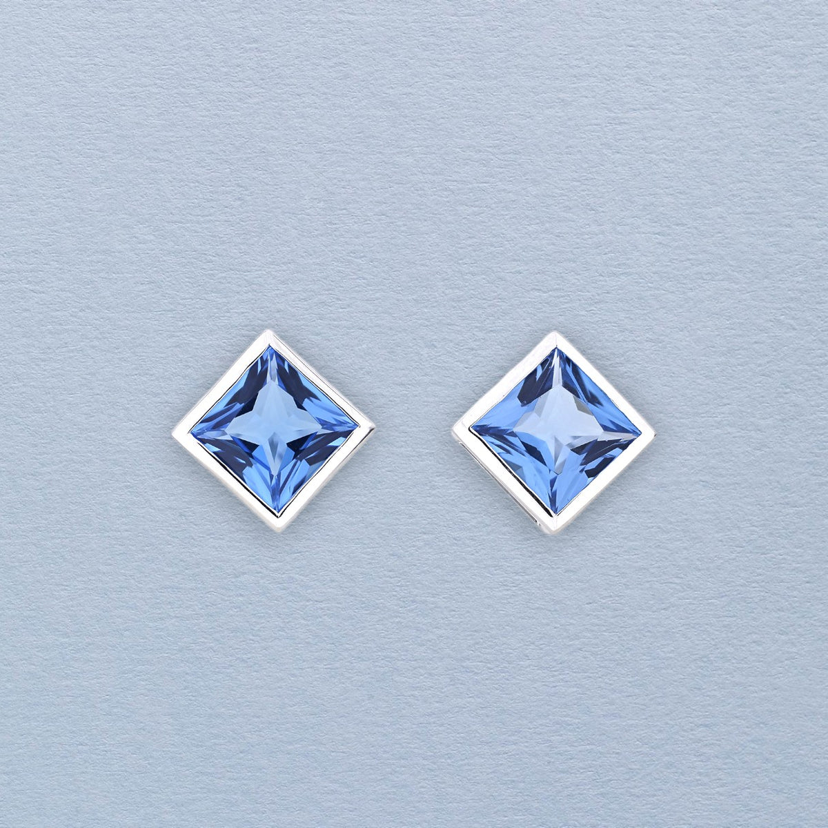 Sterling Silver Princess Cut Blue Topaz Studs - Large