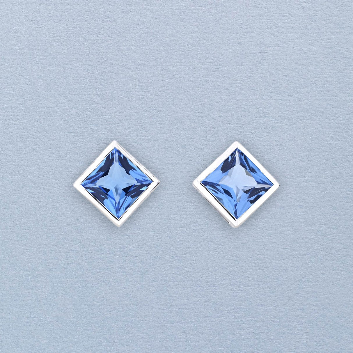Sterling Silver Princess Cut Blue Topaz Studs - Large