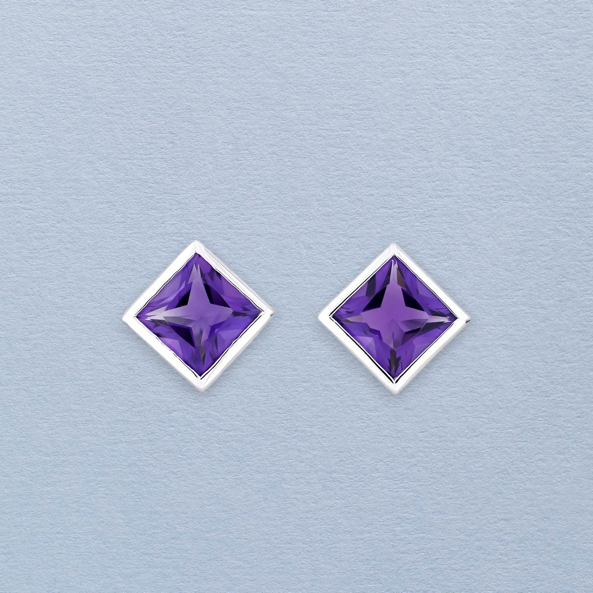 Sterling Silver Princess Cut Amethyst Studs - Large