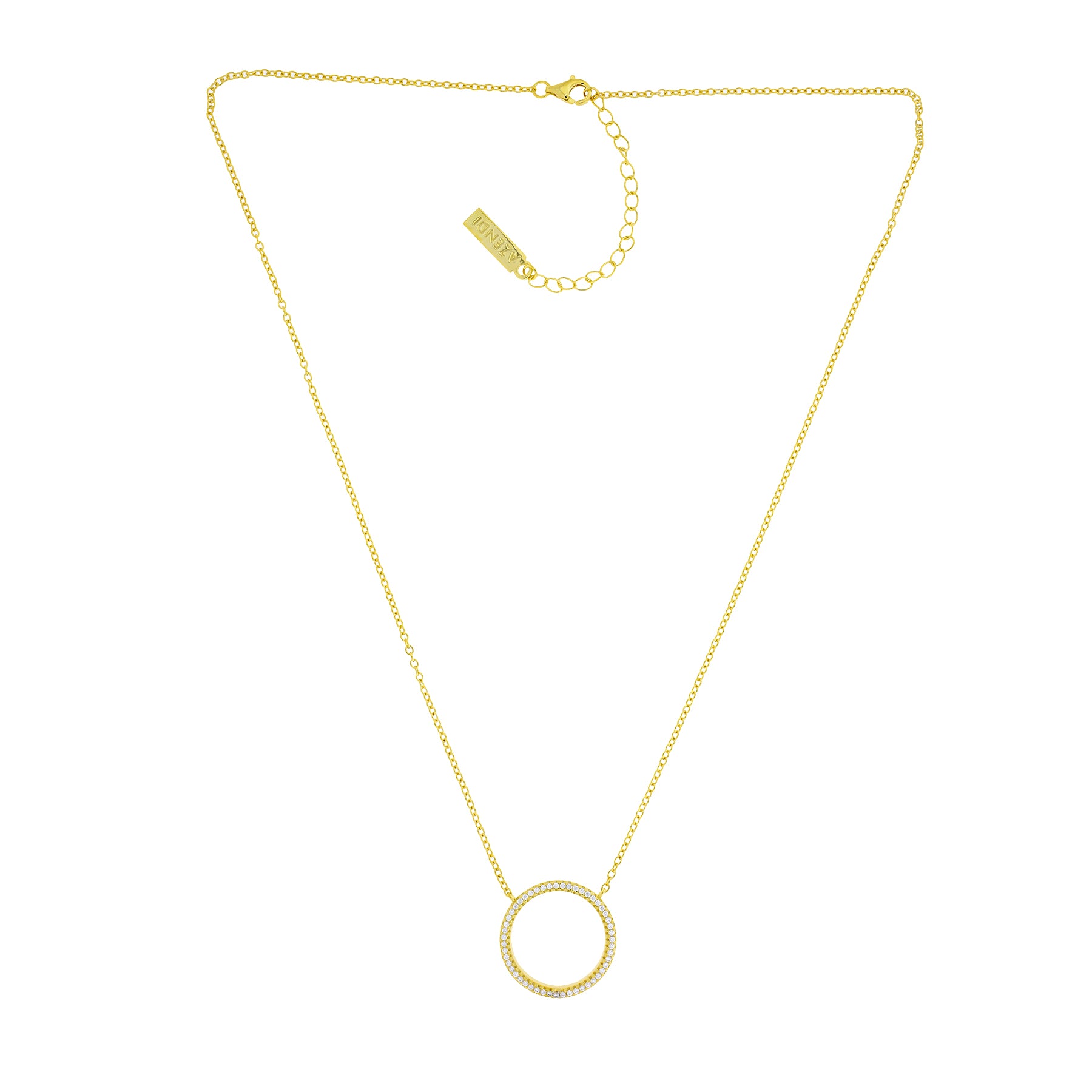 Gold vermeil necklace featuring a pavé set open circle pendant suspended on an adjustable sterling silver chain, highlighting a modern and elegant design by Azendi.