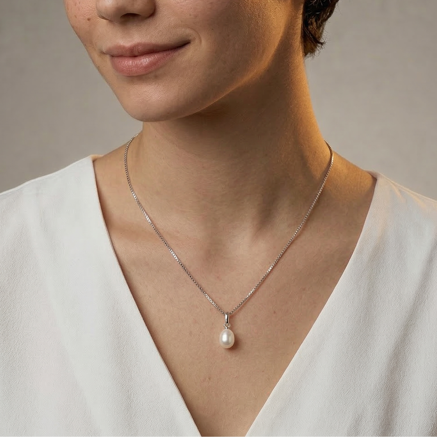 Simple Silver Teardrop Freshwater Pearl Pendant