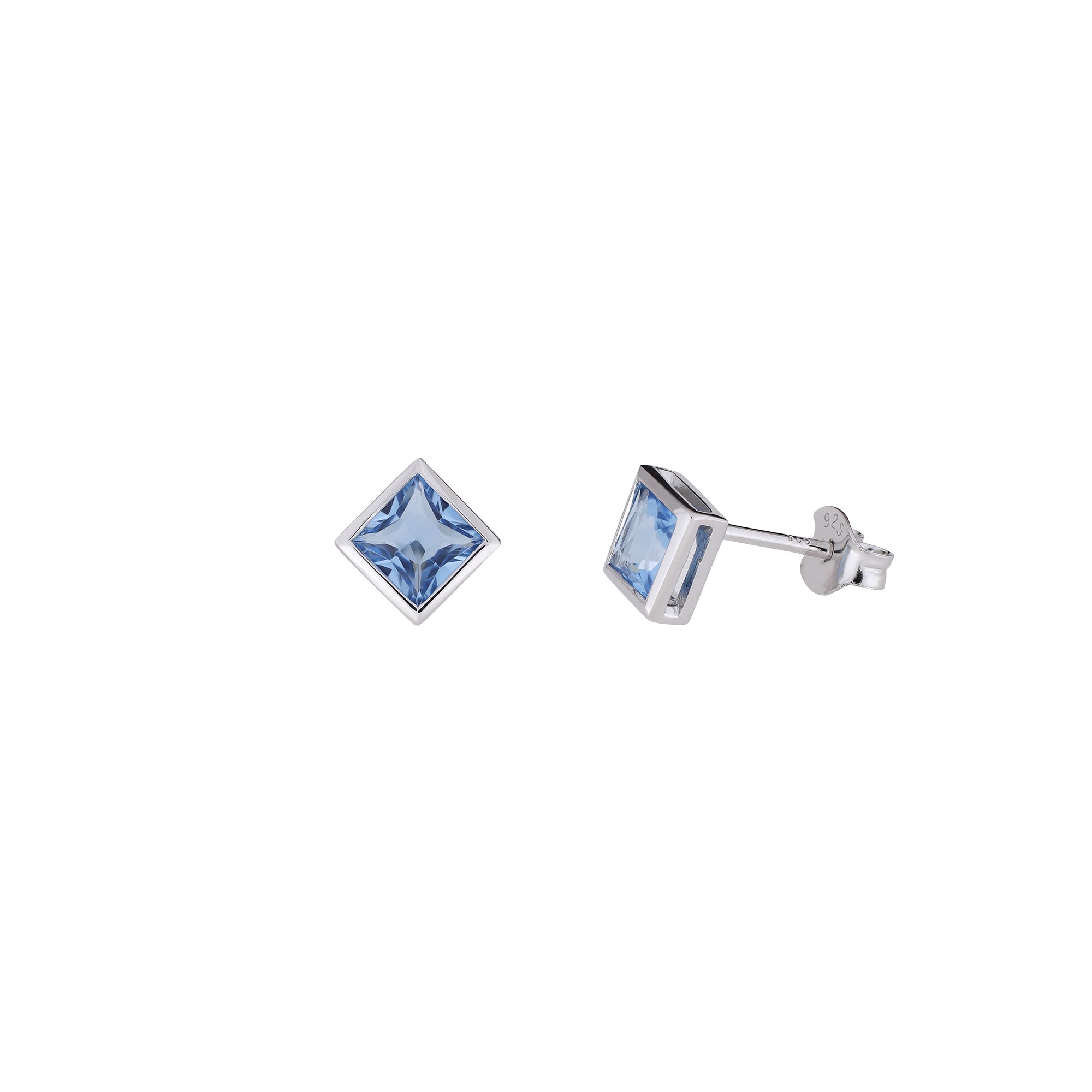 Sterling Silver Princess Cut Blue Topaz Stud Earrings - Small