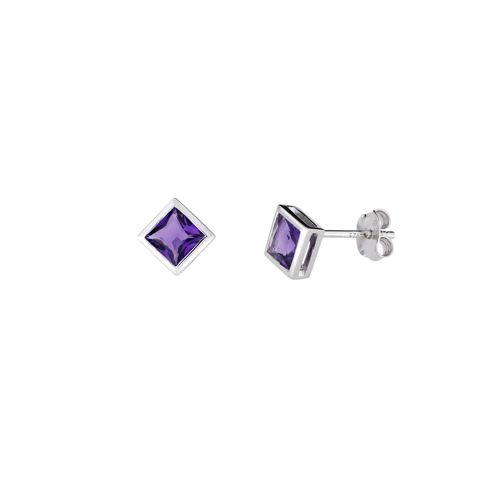 Sterling Silver Princess Cut Amethyst Stud Earrings - Small