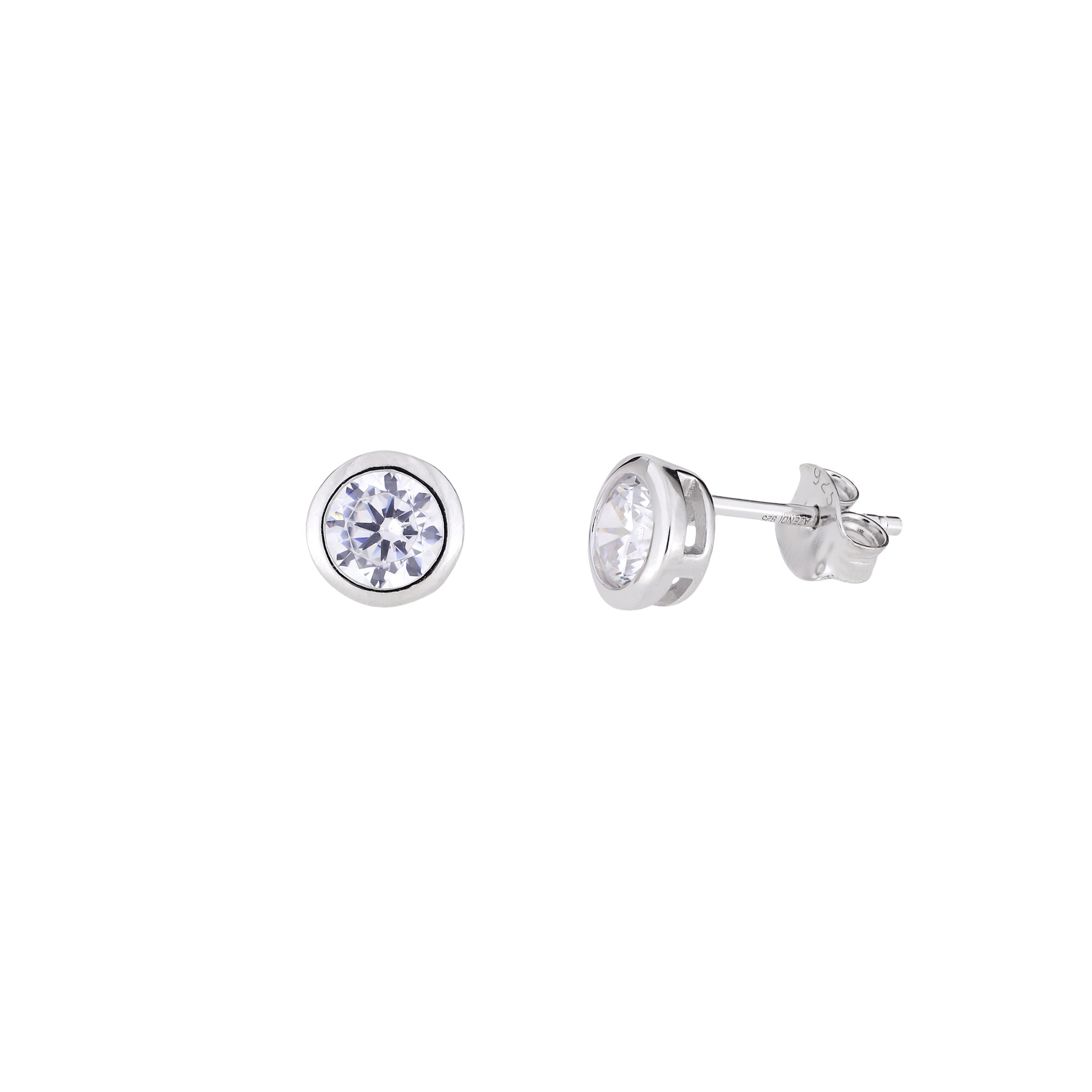 Pair of sterling silver stud earrings featuring brilliant-cut clear stones set in a bezel setting, showcasing a sleek and contemporary design.