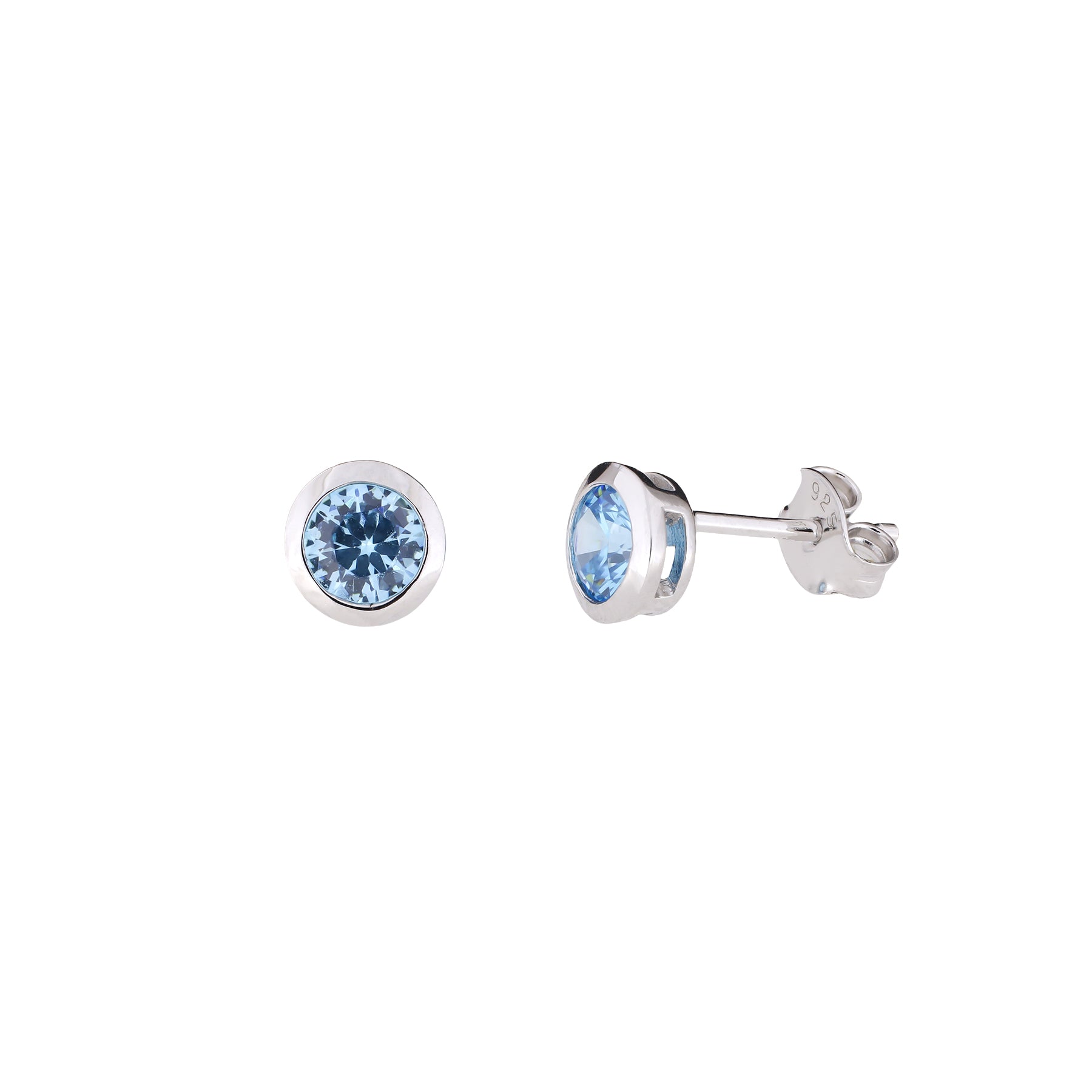 A pair of sterling silver stud earrings featuring brilliant cut aqua stones set in polished bezel settings, showcasing a sleek and modern design by Azendi.
