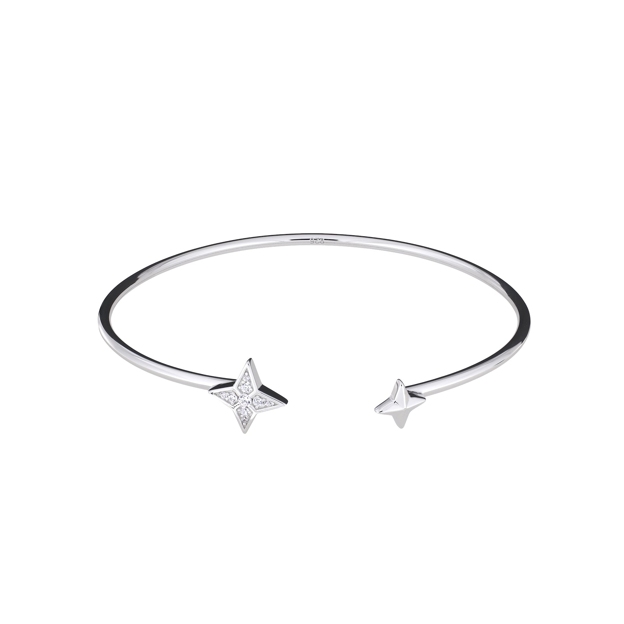 Open sterling silver cuff bangle featuring star-shaped ends with subtle detailing, combining delicate elegance and modern design in British sterling silver jewellery.