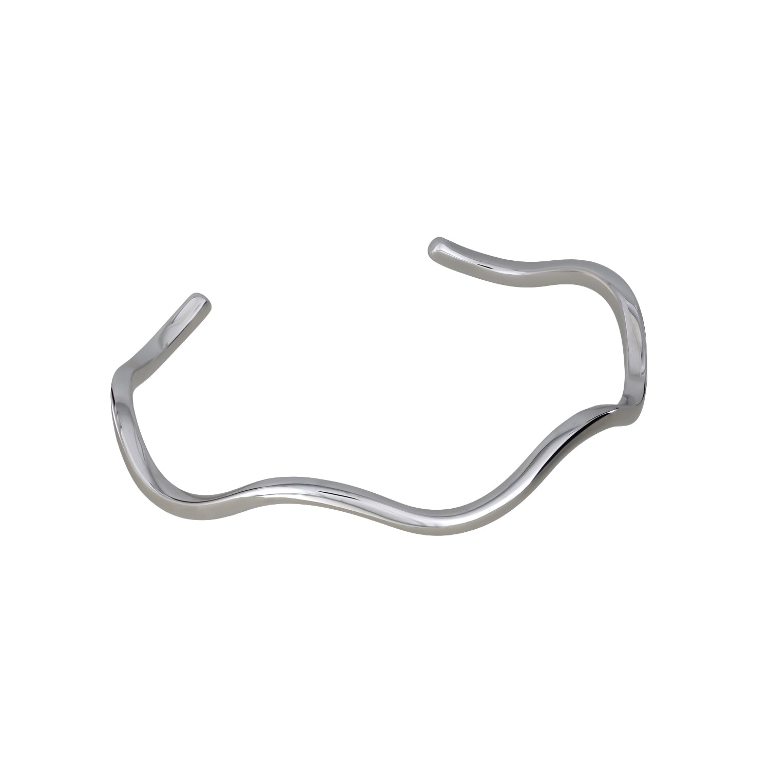 Sleek sterling silver cuff bracelet with an undulating wave form, showcasing contemporary sculptural design and expert British silver jewellery making.