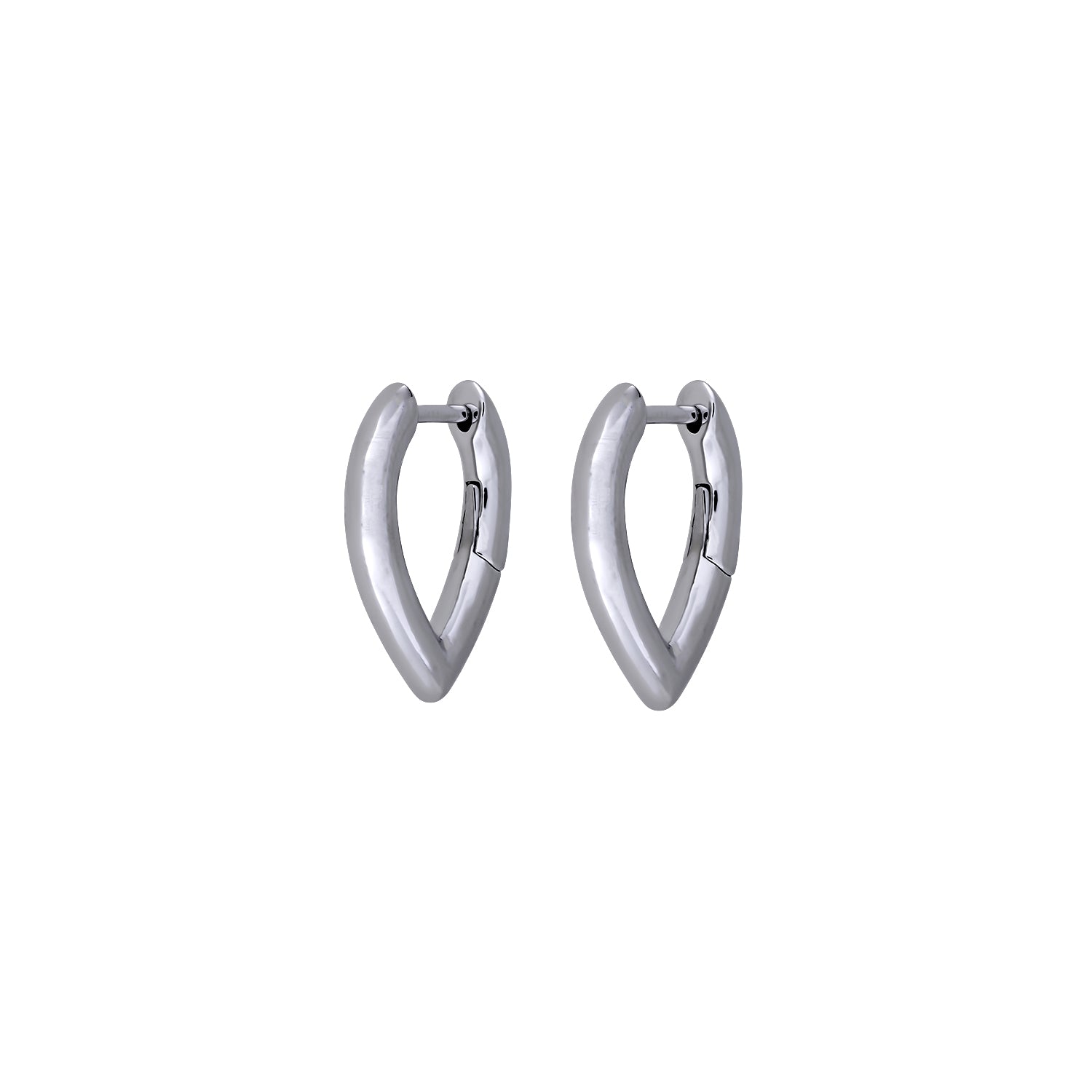 Pair of sculptural sterling silver hinged hoop earrings in a V-shaped design, combining sleek curves with a contemporary finish for refined silver jewellery.