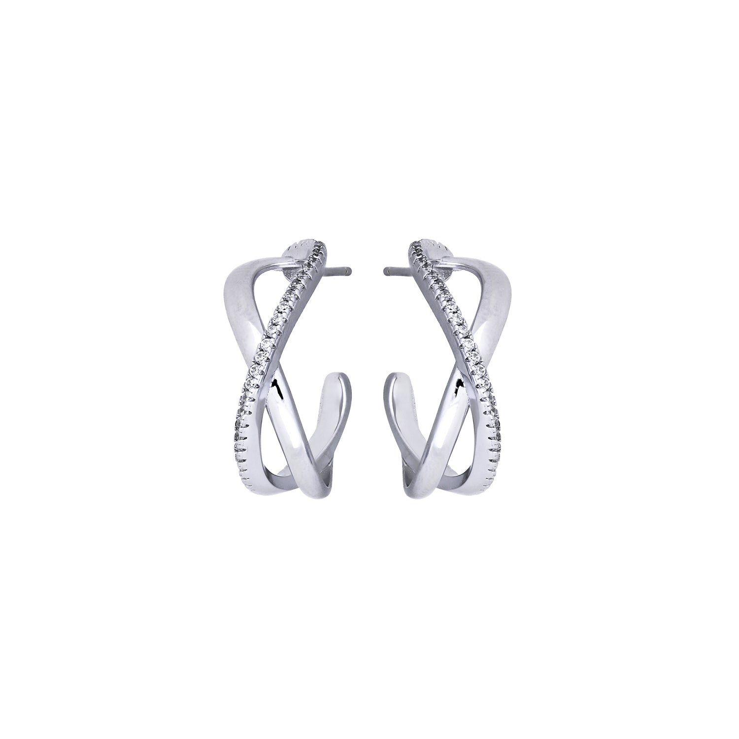 Pair of large sterling silver hoop earrings featuring an elegant crossover wave design accented with pavé-set stones for a sophisticated, contemporary look.