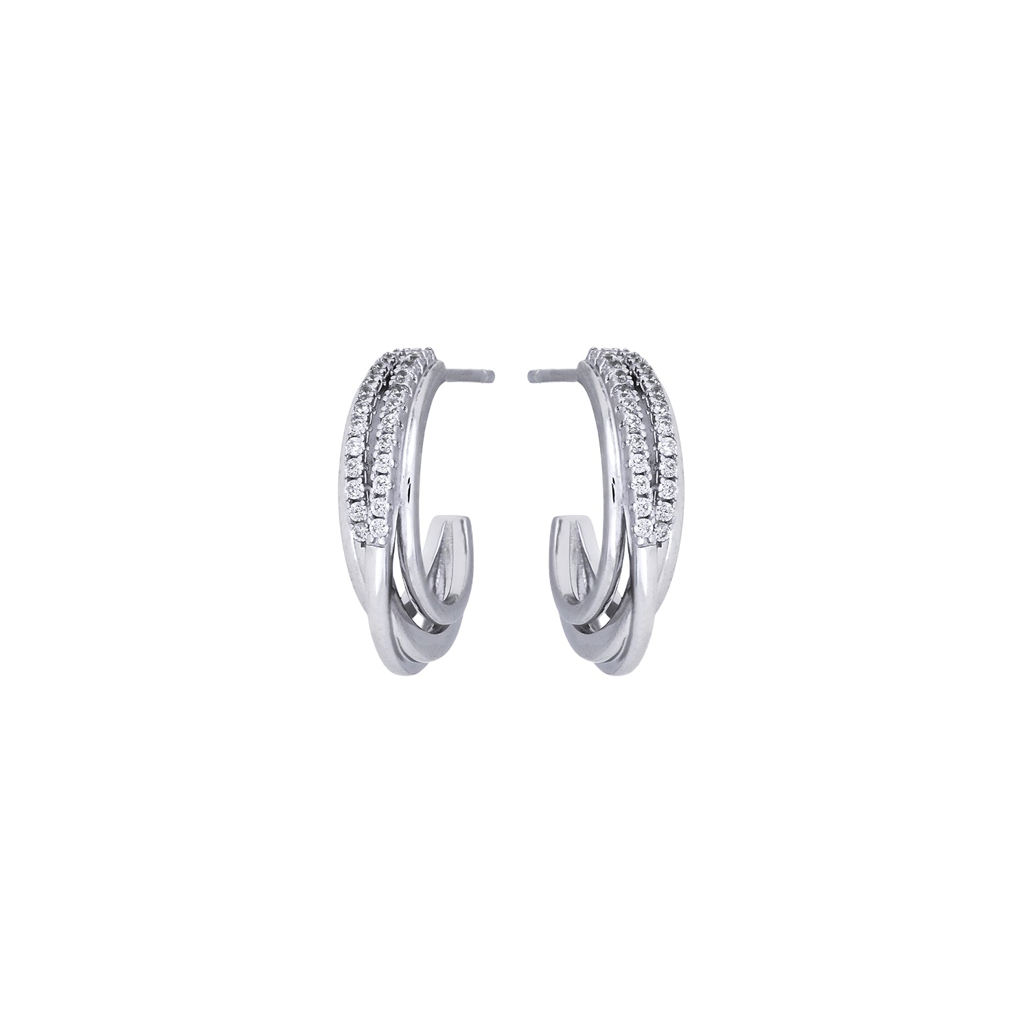 Pair of sterling silver hoop earrings featuring a four-strand crossover design with pavé-set stones for a refined and contemporary look in fine silver jewellery.