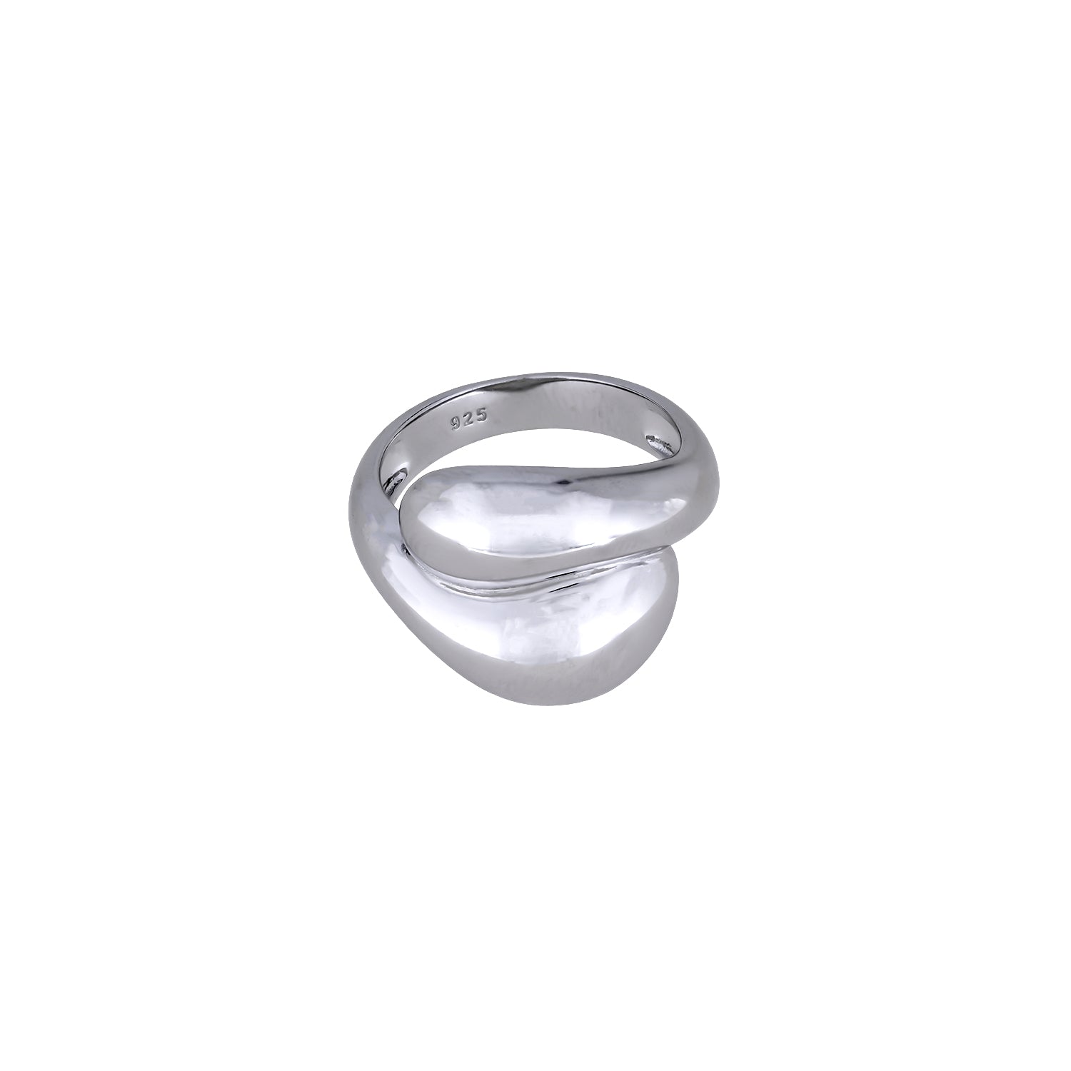 Sterling silver ring featuring a sculptural double teardrop design with a smooth, polished finish, embodying contemporary elegance in designer silver jewellery.