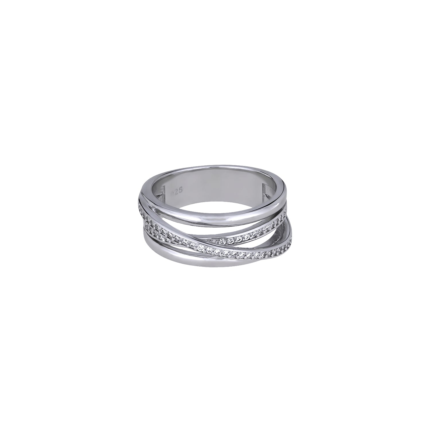 Sterling silver ring featuring four intertwined strands with sparkling cubic zirconia accents, designed as a sculptural and elegant crossover band.