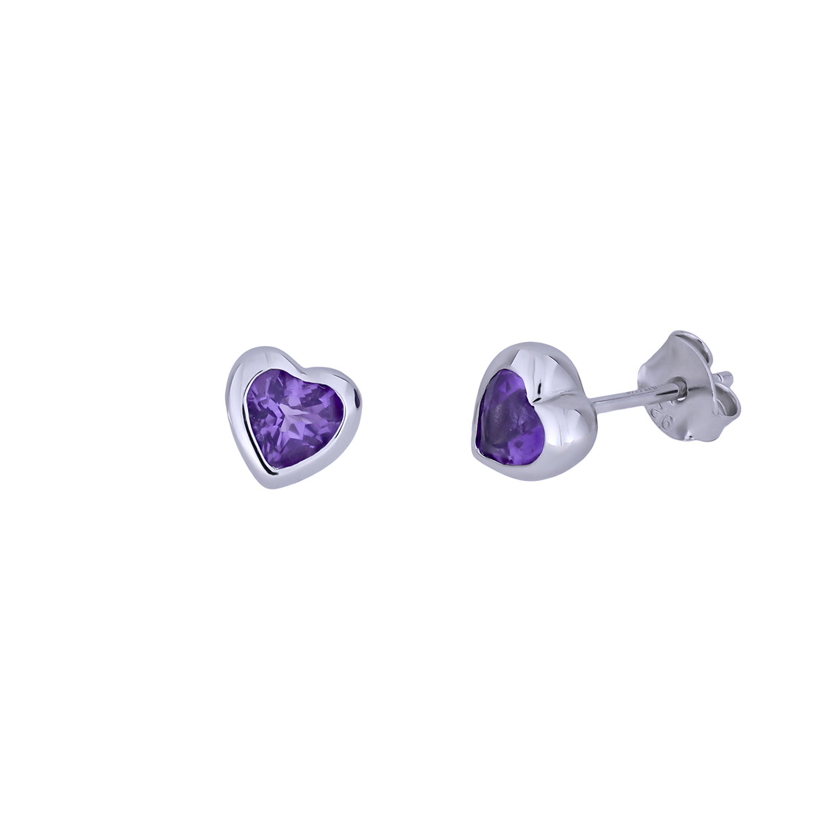 Sterling Silver &amp; Amethyst Heart Stud Earrings