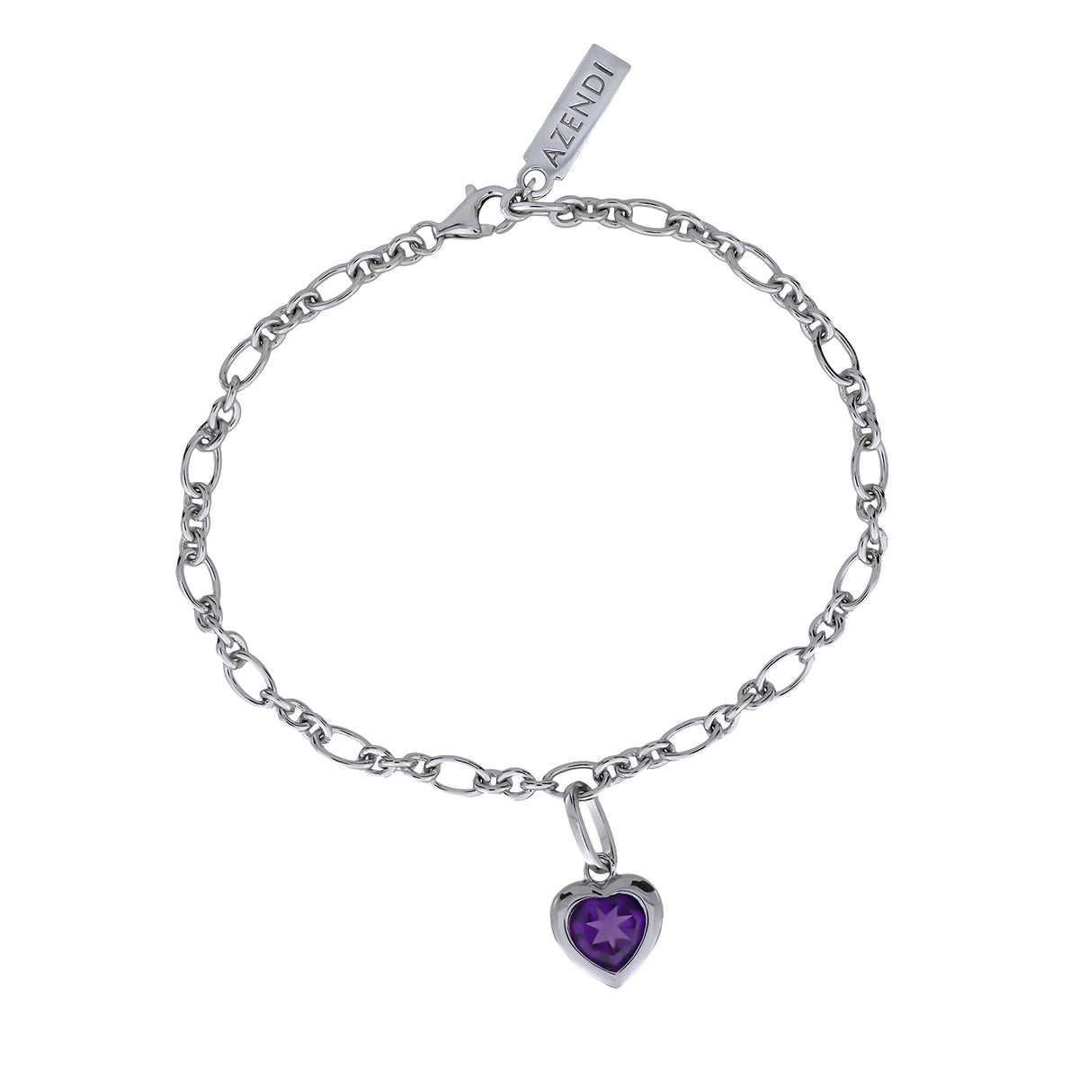 Sterling Silver &amp; Amethyst Heart Charm Bracelet