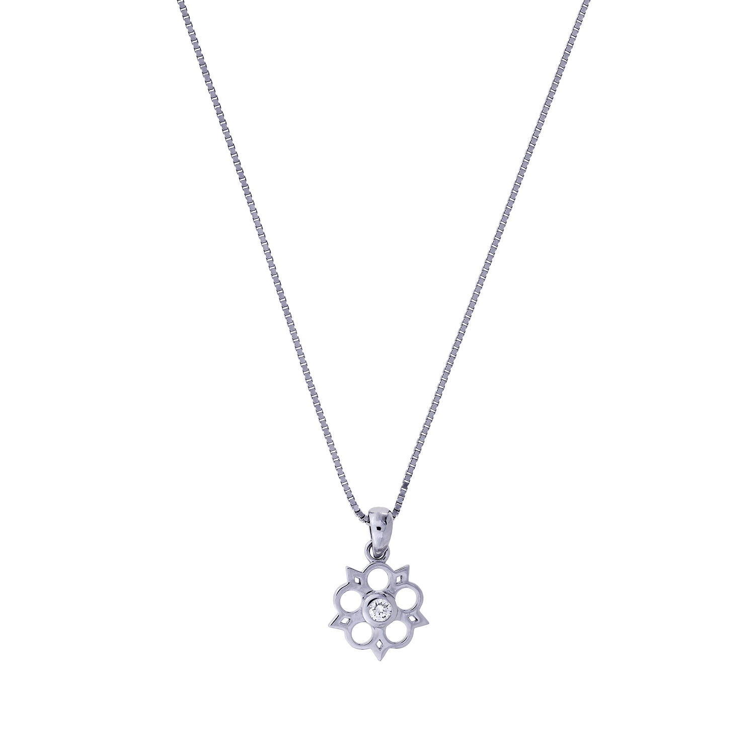 Sterling silver Yorkshire rose pendant featuring a 0.07 carat lab-grown diamond at the centre, suspended on a delicate fine chain with sculptural elegance.