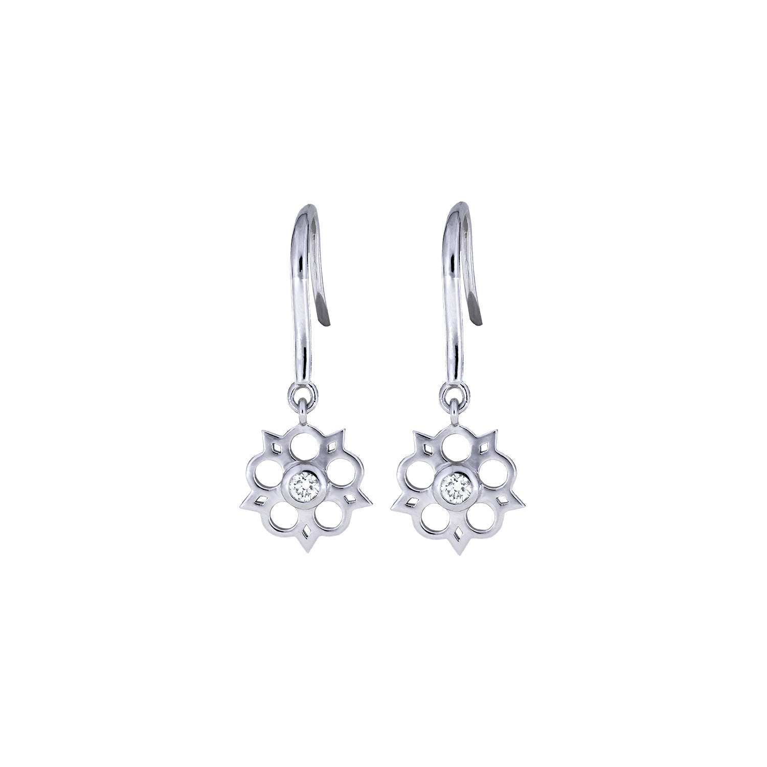 Delicate sterling silver drop earrings featuring an openwork Yorkshire rose motif with a central lab-grown diamond, combining elegant floral design with contemporary silver jewellery.