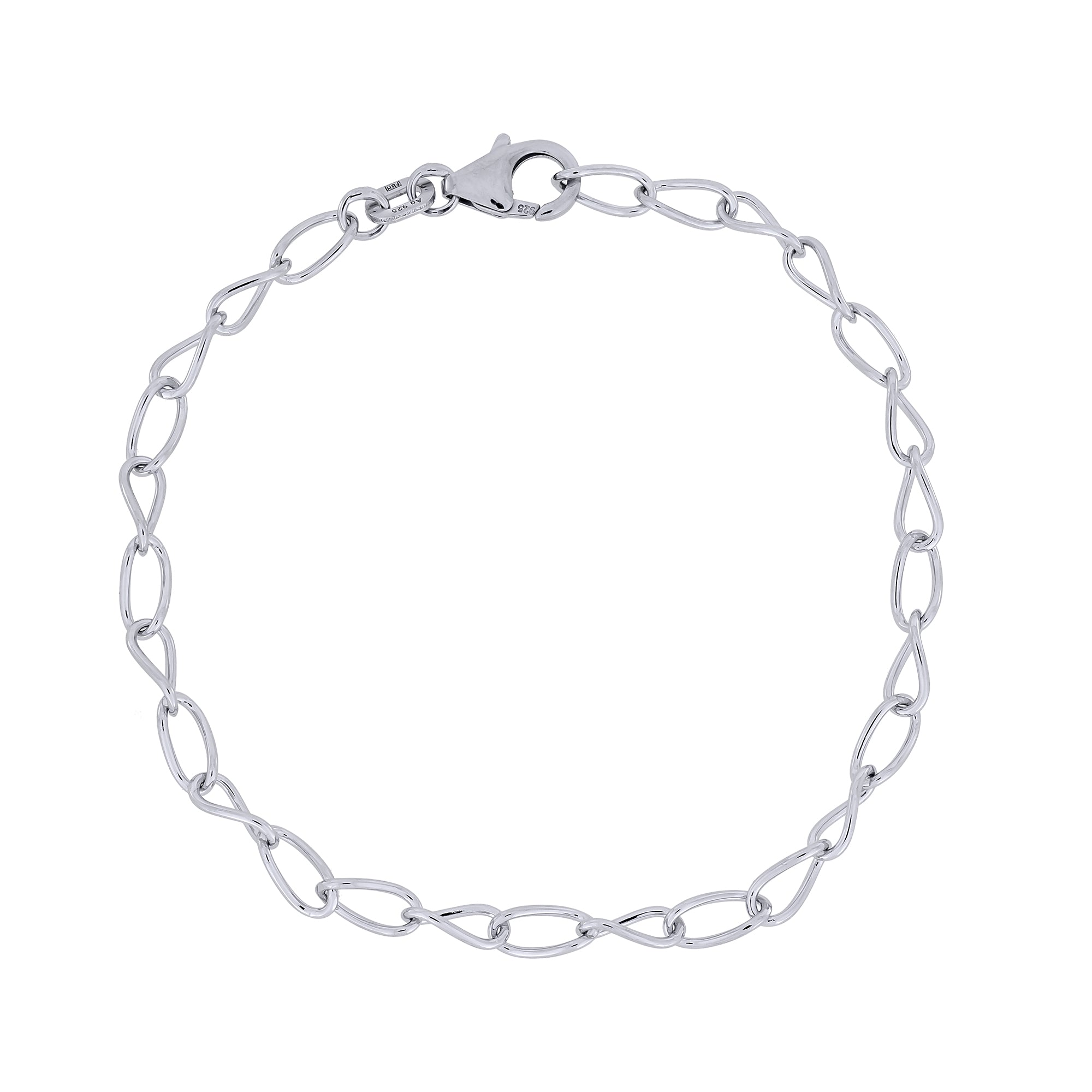 Silver twisting links chain bracelet on a white background