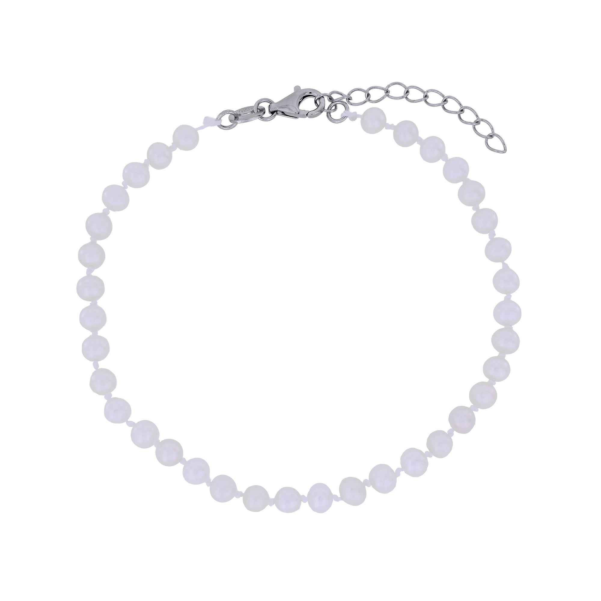 A bracelet made of small, round, freshwater pearls with a silver lobster clasp and extension chain, shown on a plain white background.