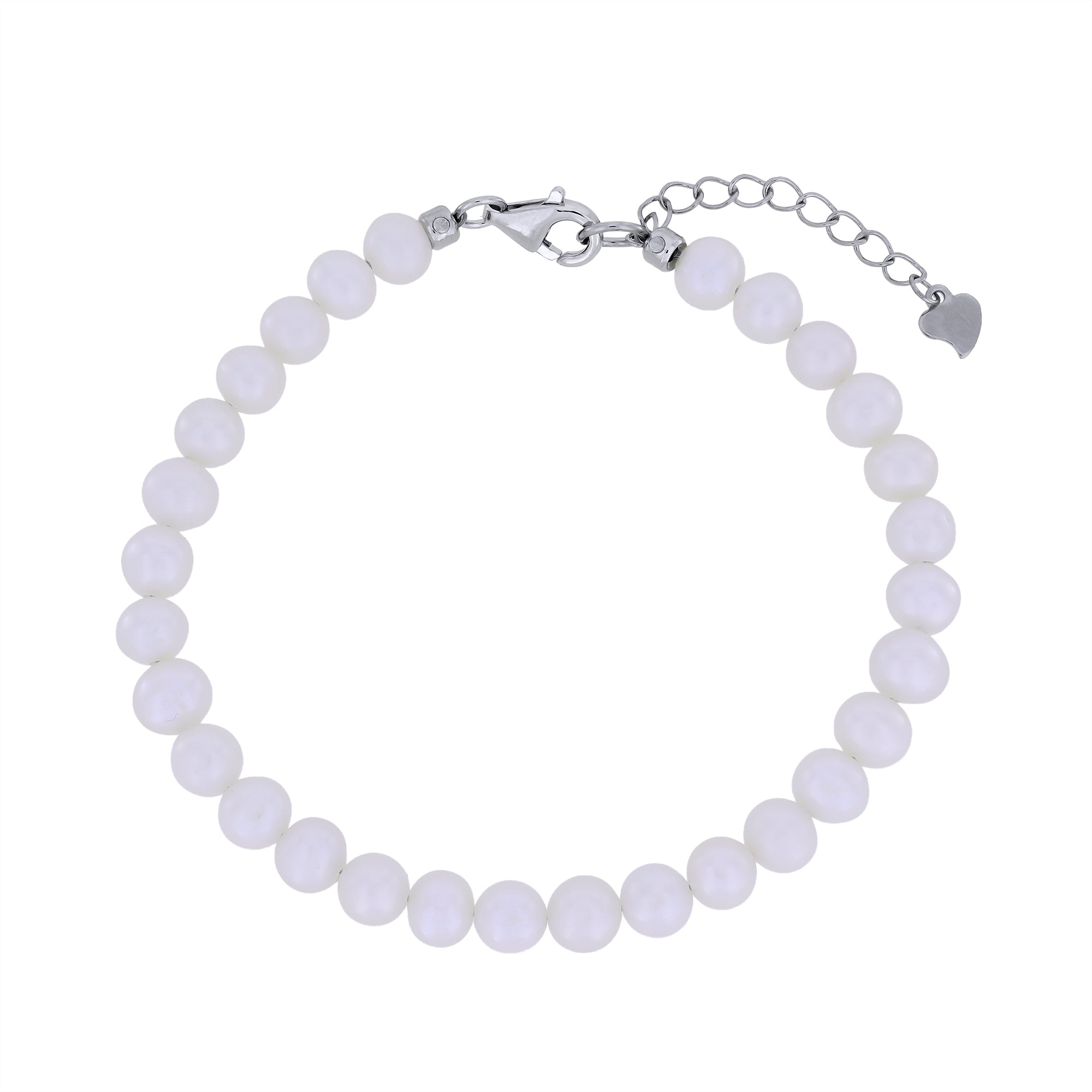A bracelet made of round, freshwater pearls with a silver lobster clasp and extension chain, shown on a plain white background.