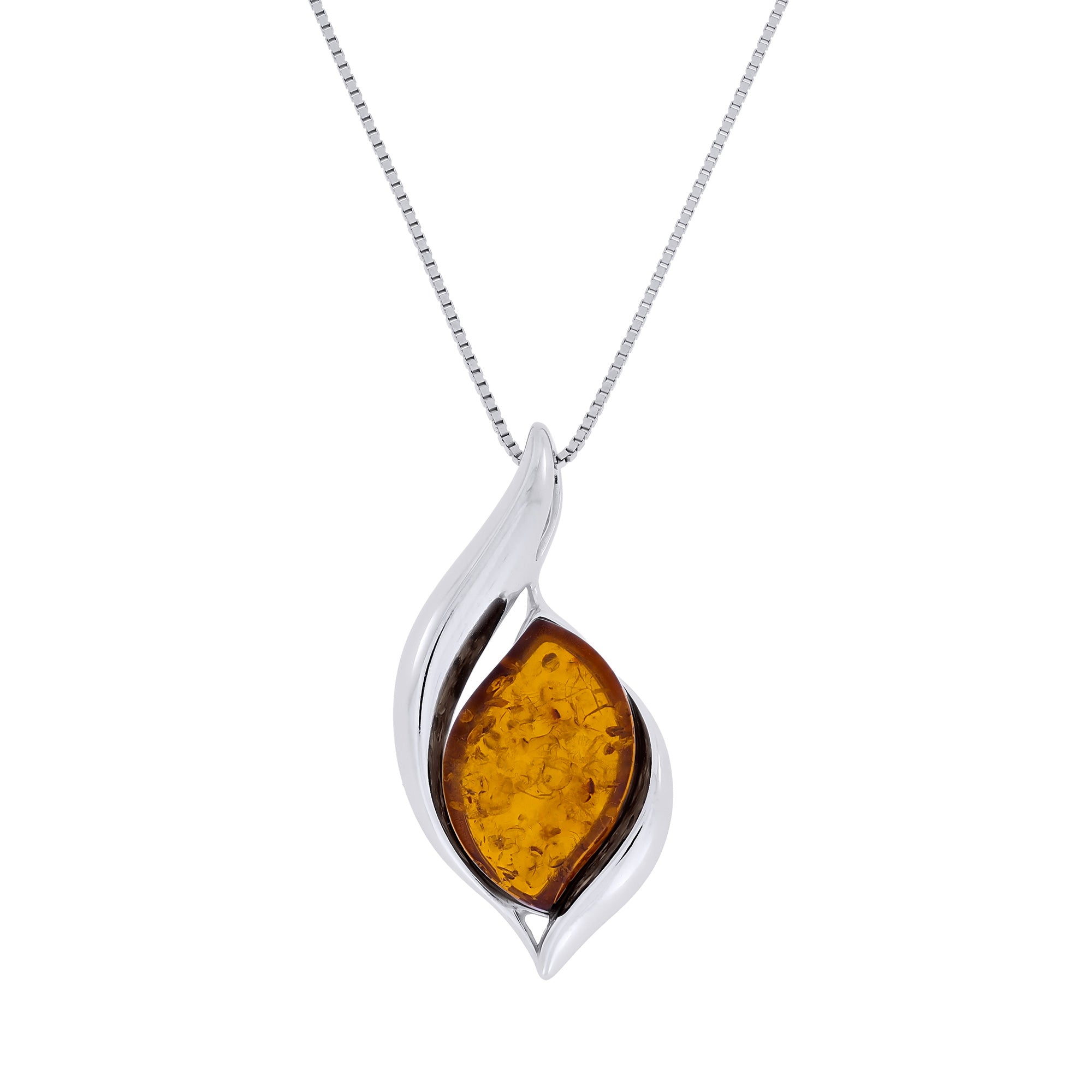 Silver wave pendant with large amber stone on a white background