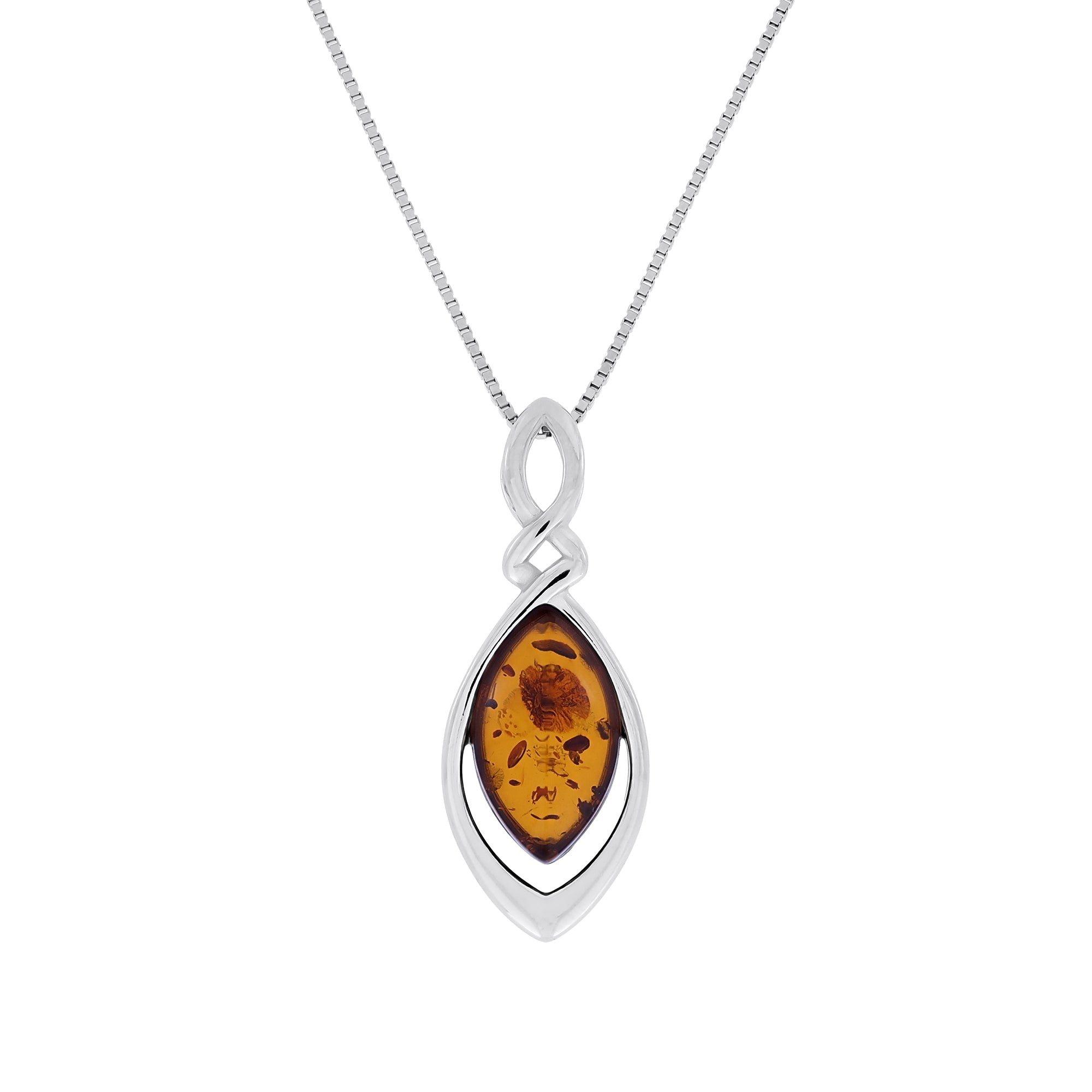 Silver twist pendant with amber stone on a white background