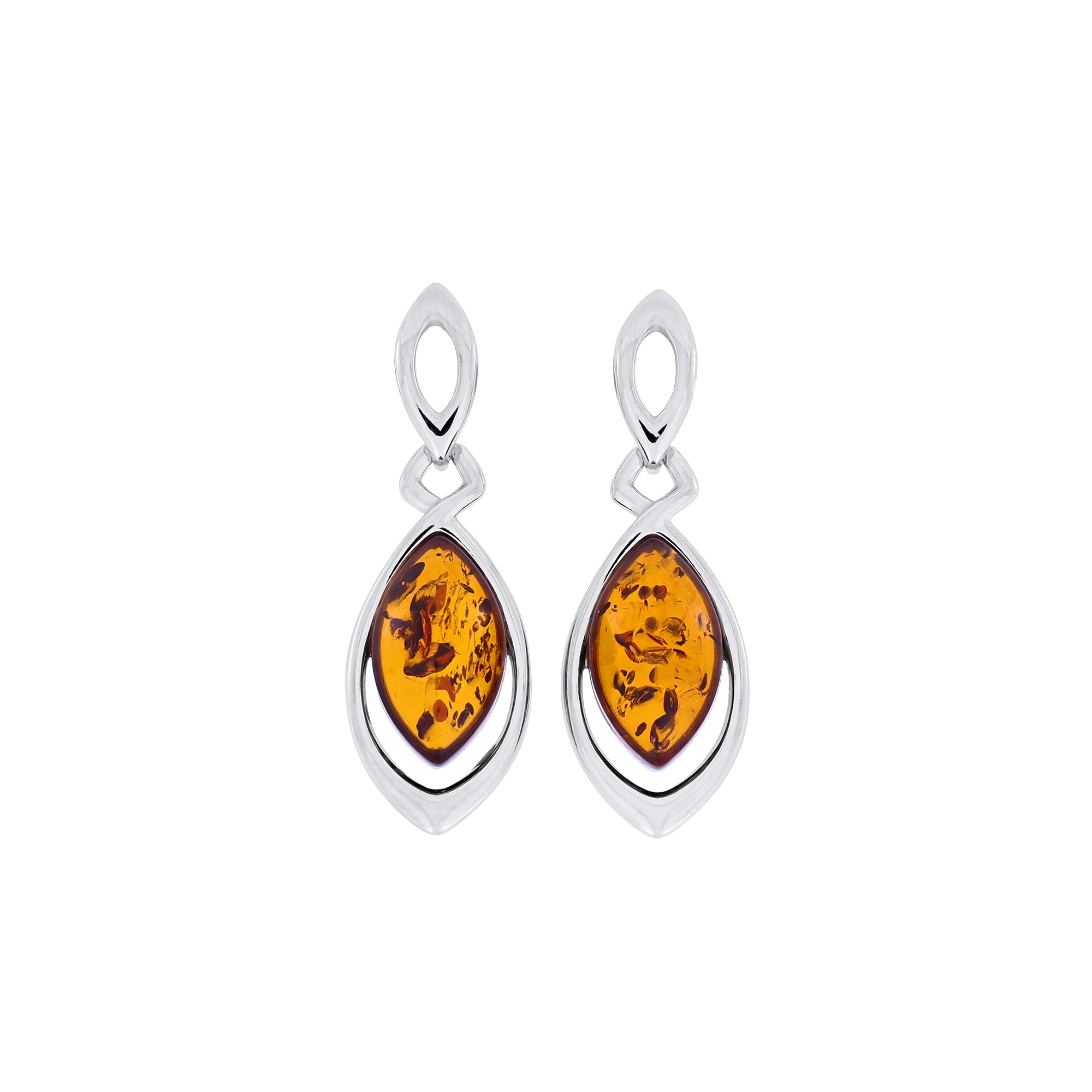 Pair of silver earrings with amber stones on a white background