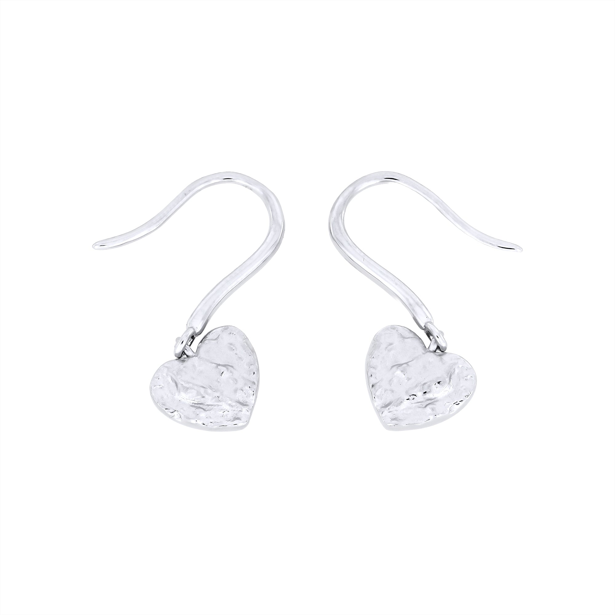 Pair of textured sterling silver heart-shaped earrings on a white background