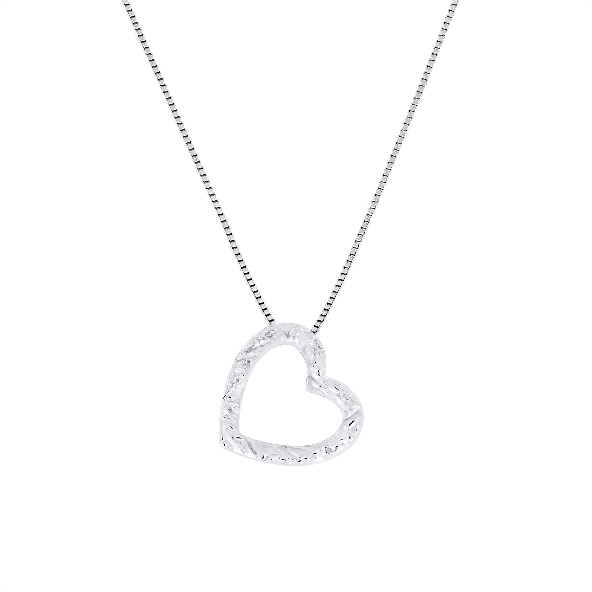 Silver textured heart-shaped pendant on a chain against a white background