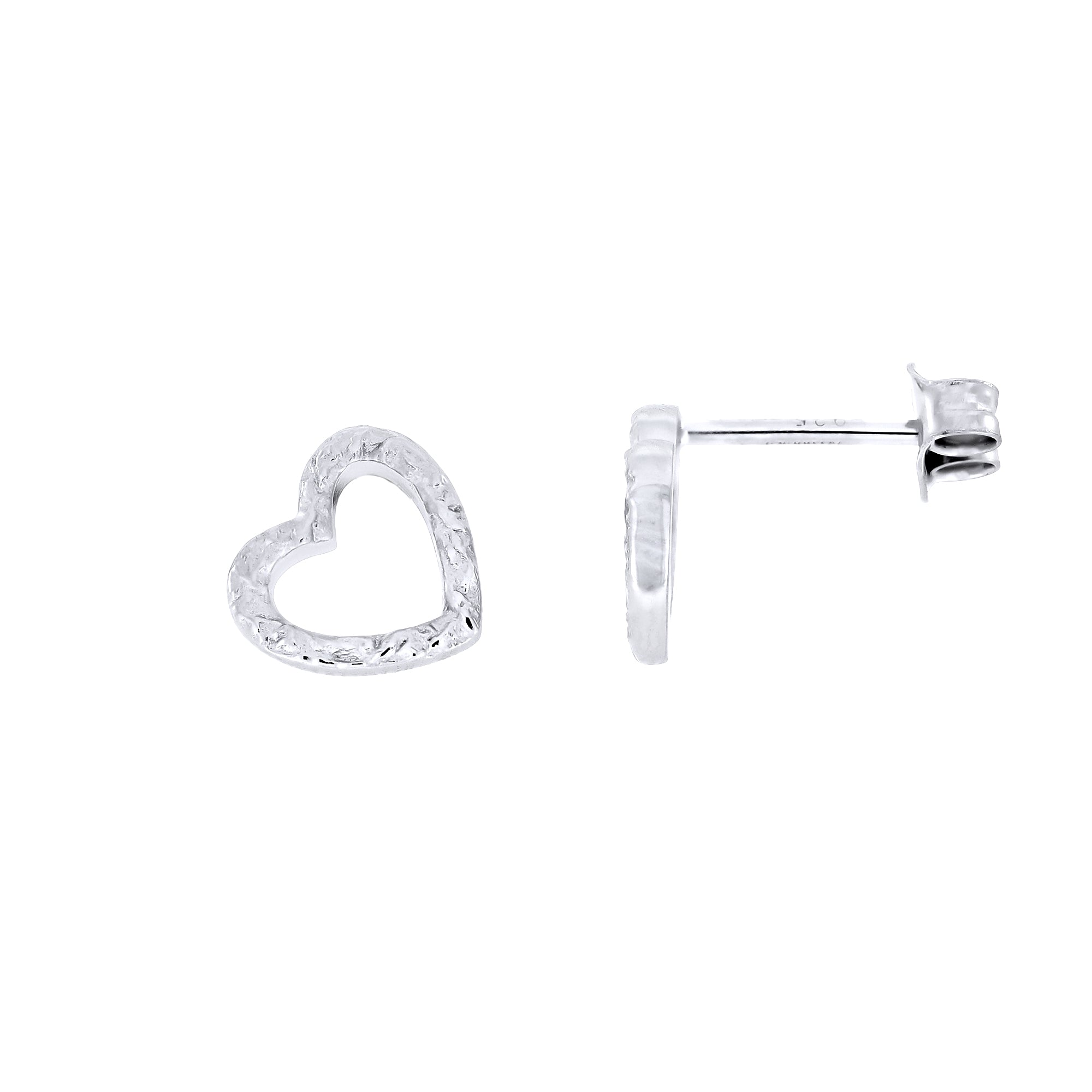 Heart-shaped textured silver earrings on a white background