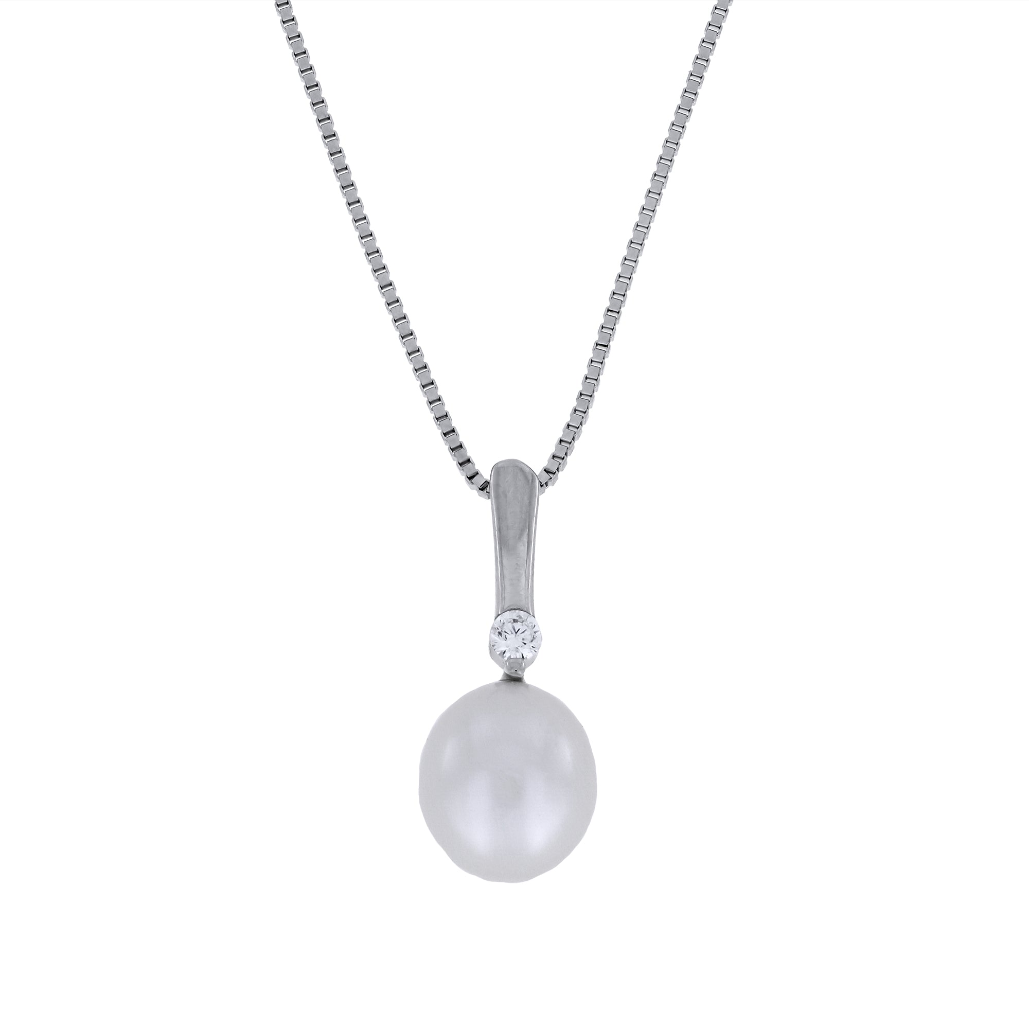 Pearl & sterling silver pendant with cubic zirconia on a white background