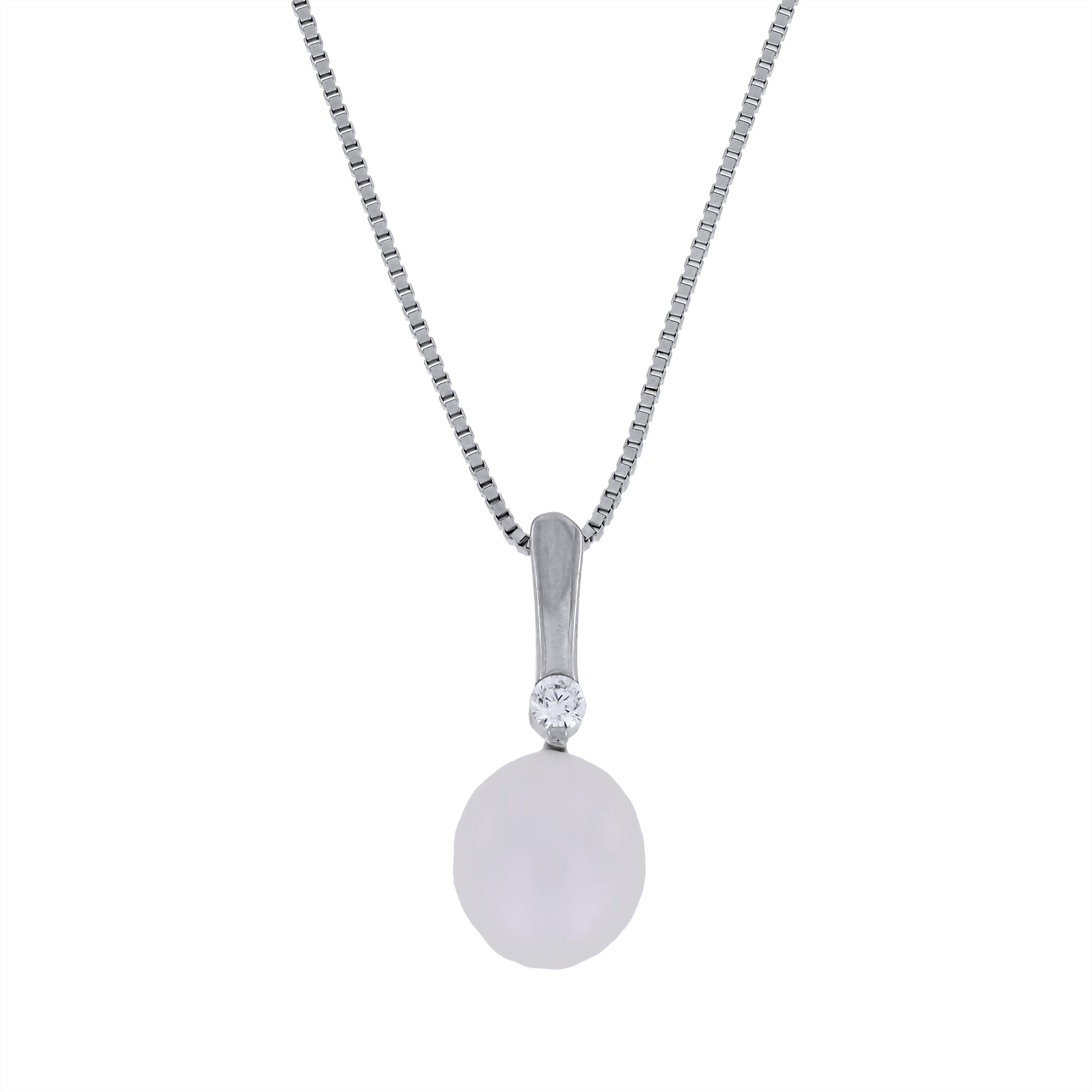 Pearl & sterling silver pendant with cubic zirconia on a white background