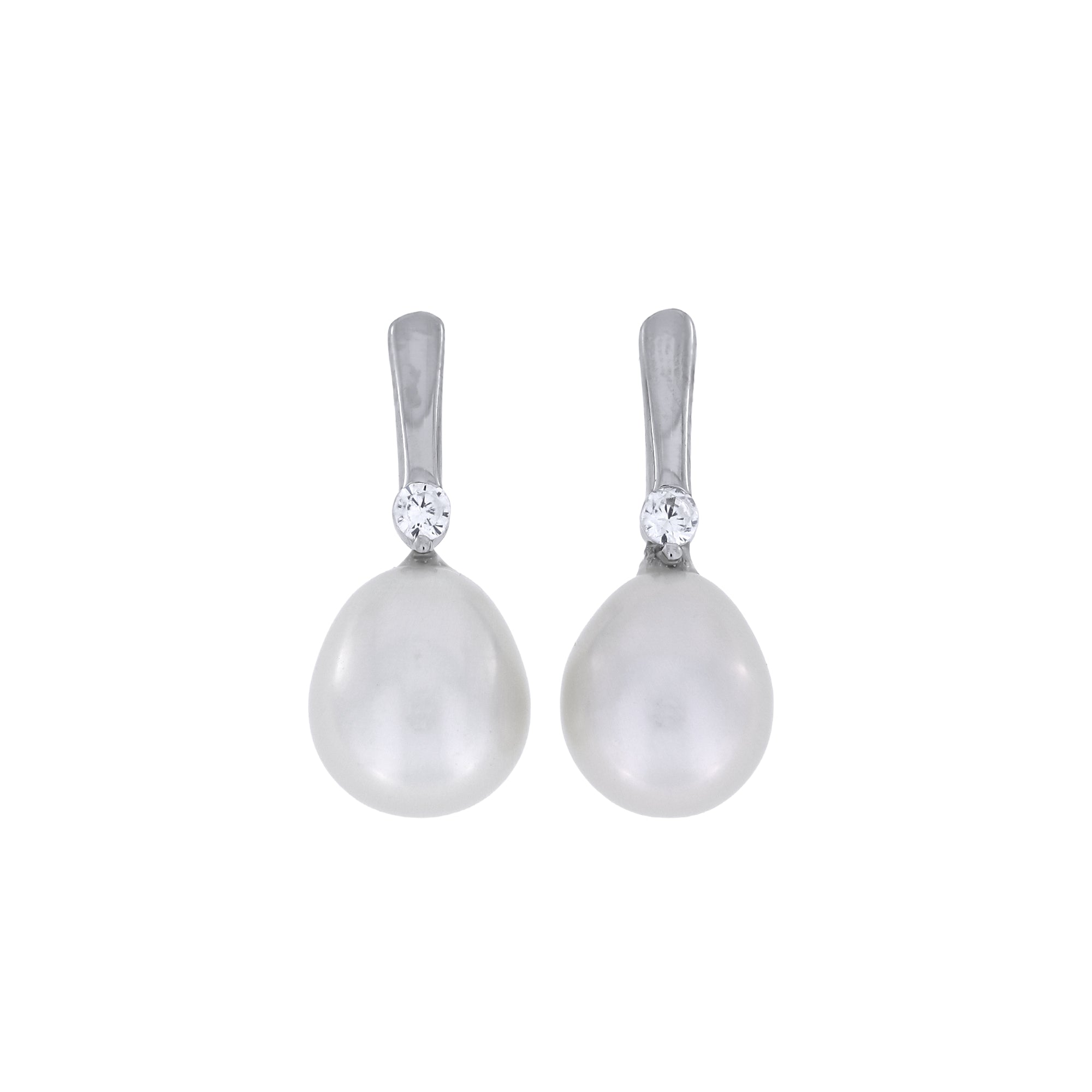 Pair of sterling silver earrings featuring large teardrop-shaped freshwater pearls accented with sparkling cubic zirconia stones for an elegant and refined look.