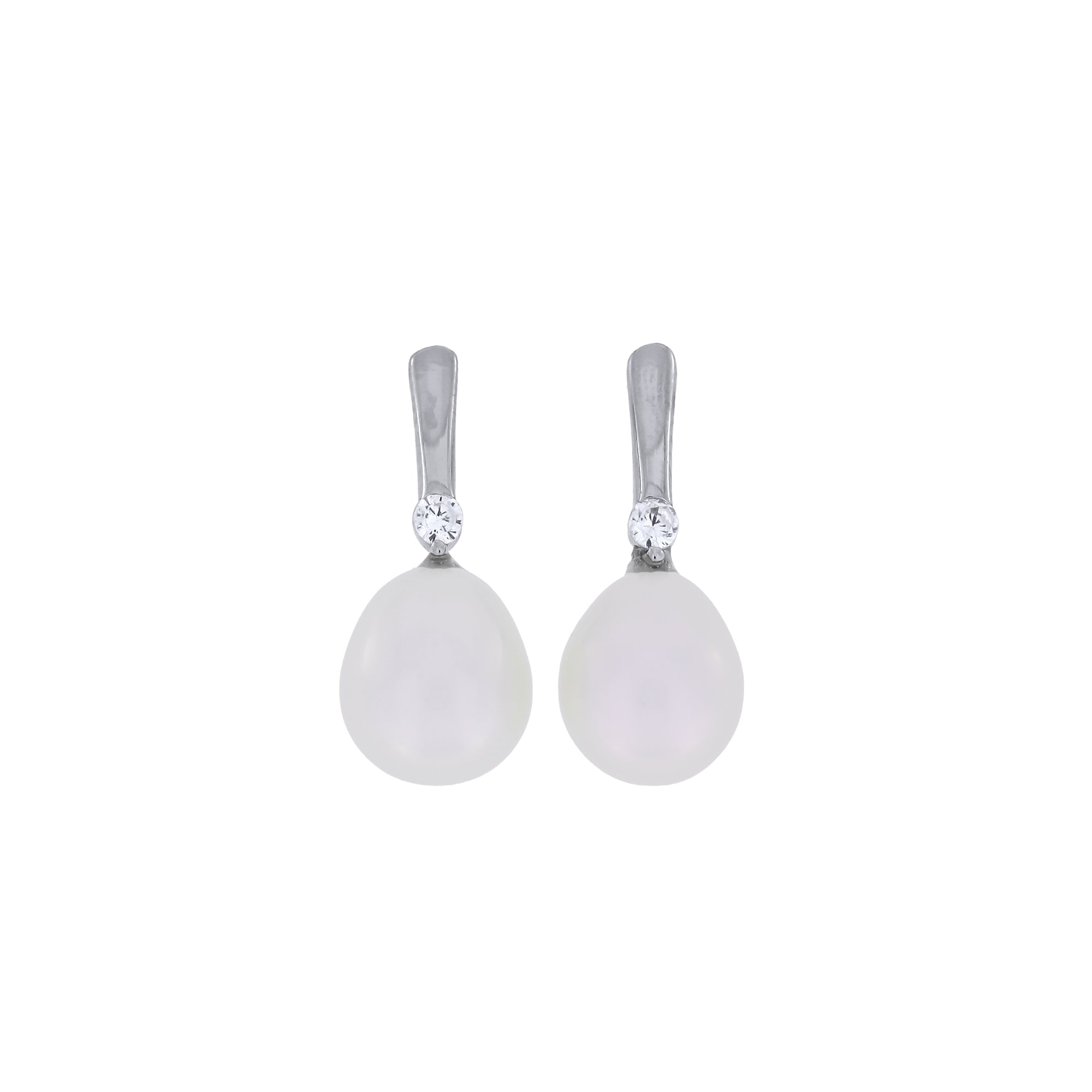 Pair of sterling silver earrings featuring large teardrop-shaped freshwater pearls accented with sparkling cubic zirconia stones for an elegant and refined look.