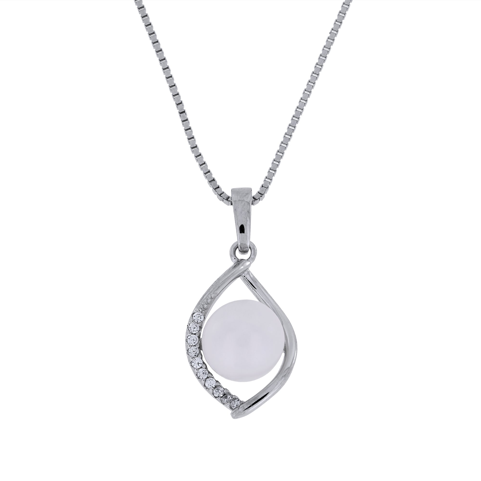 Silver twist pendant with a freshwater pearl on a white background