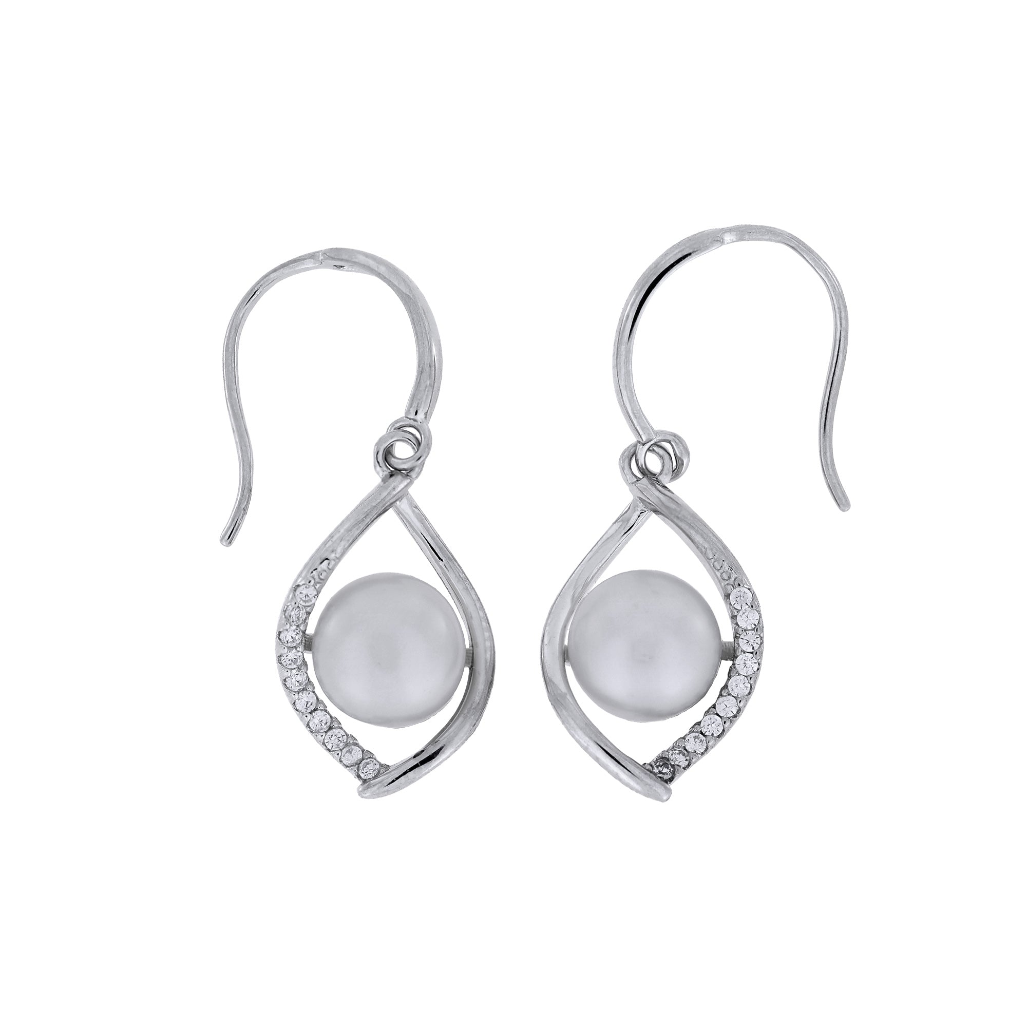 Pair of sterling silver drop earrings featuring an open twist design accented with pavé cubic zirconia stones and a central lustrous freshwater pearl for timeless elegance.
