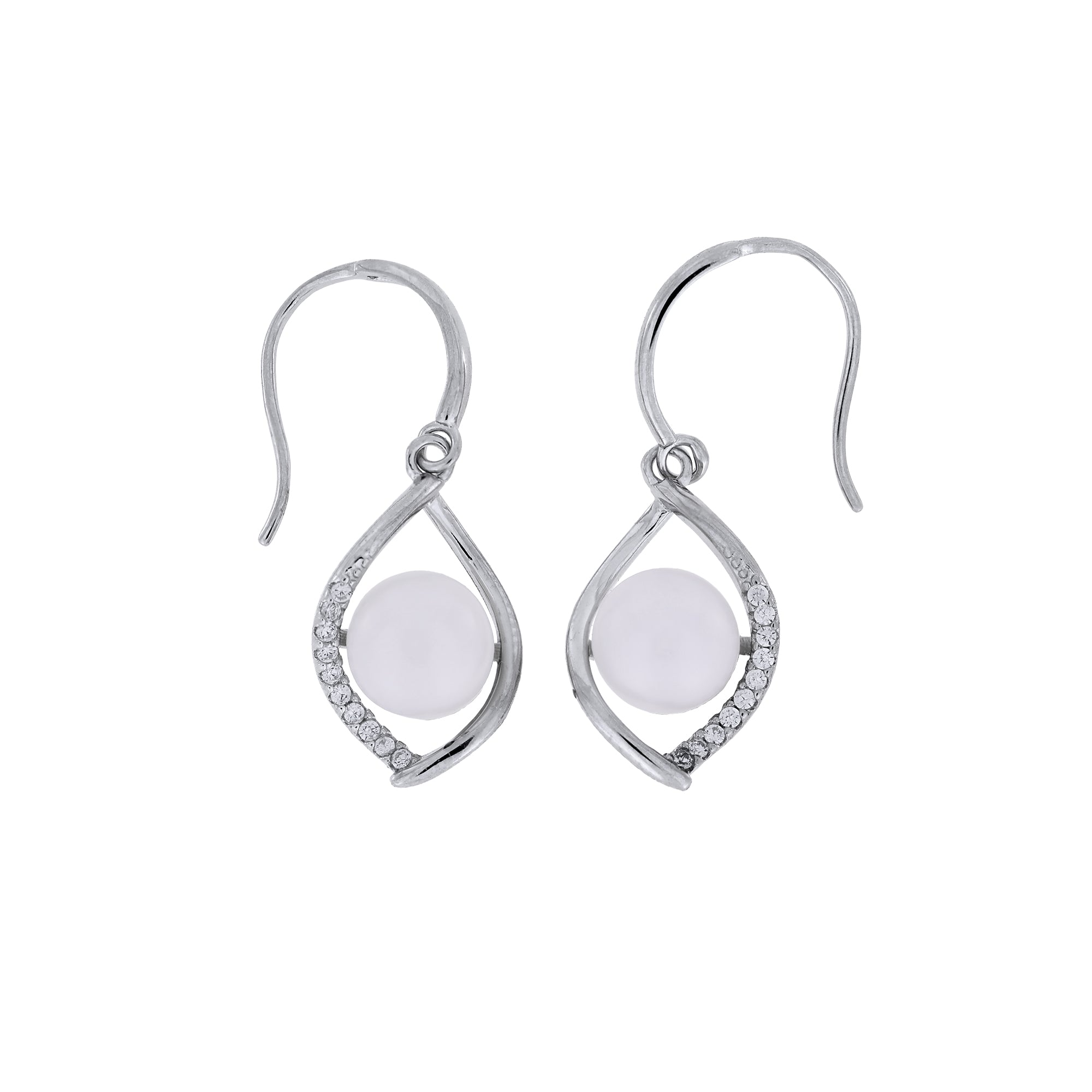 Pair of sterling silver drop earrings featuring an open twist design accented with pavé cubic zirconia stones and a central lustrous freshwater pearl for timeless elegance.