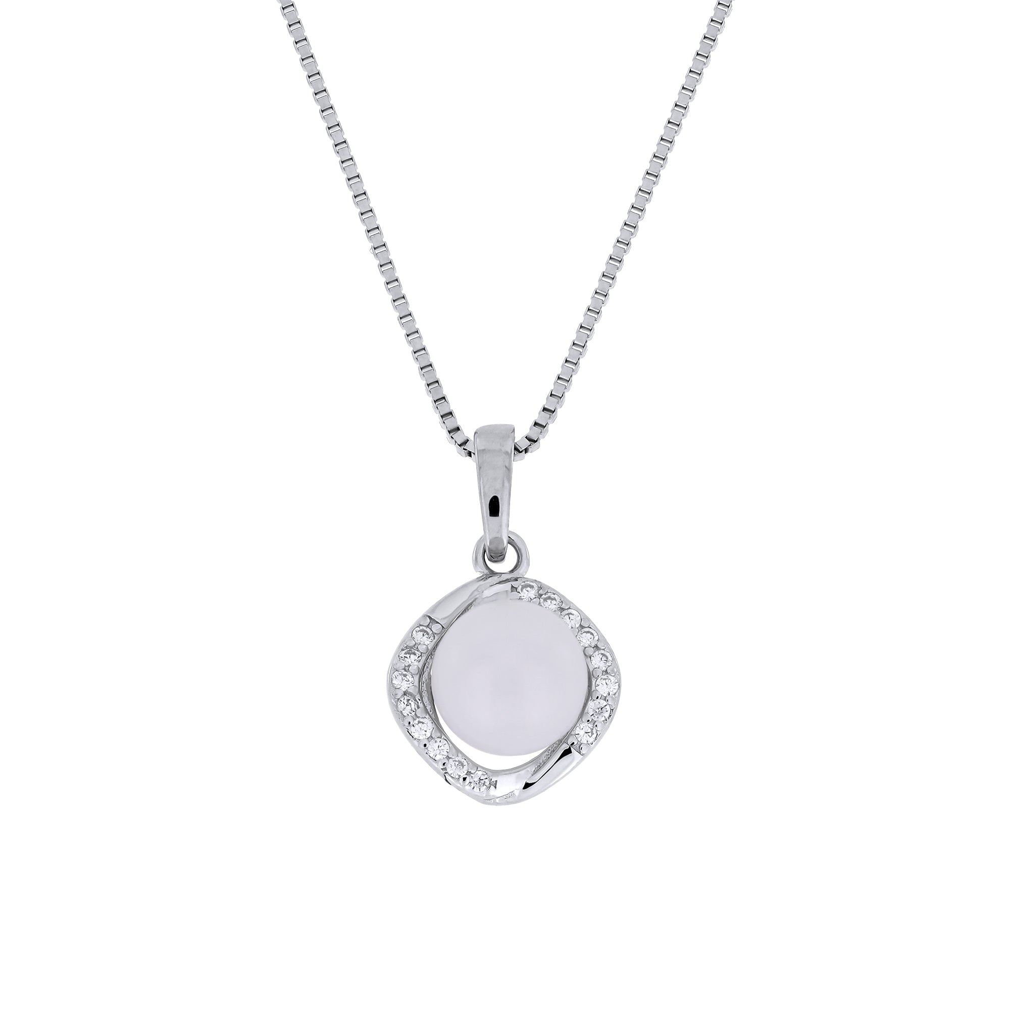 Silver necklace with a round freshwater pearl pendant, accented with cubic zirconia, on a white background