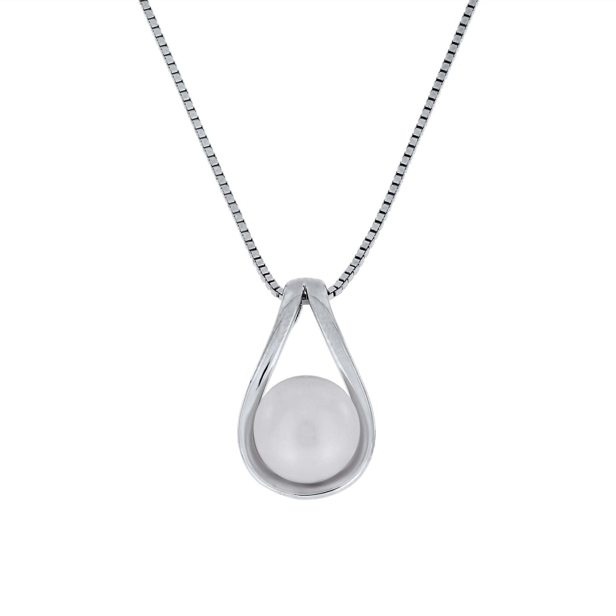 Teardrop-shaped silver and freshwater pendant on a white background