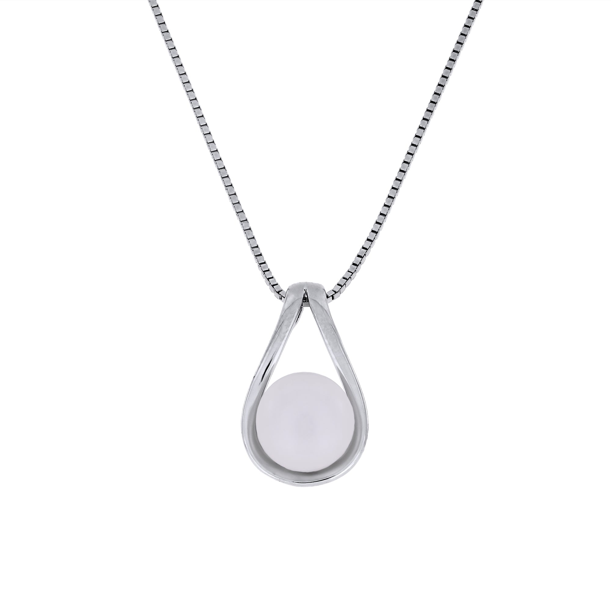 Teardrop-shaped silver and freshwater pendant on a white background
