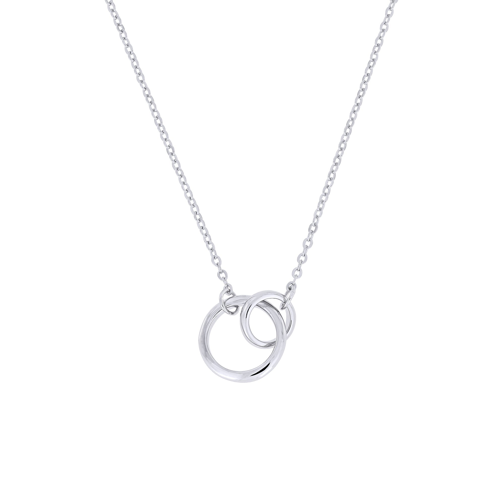 Silver necklace with interlocking rings on a white background