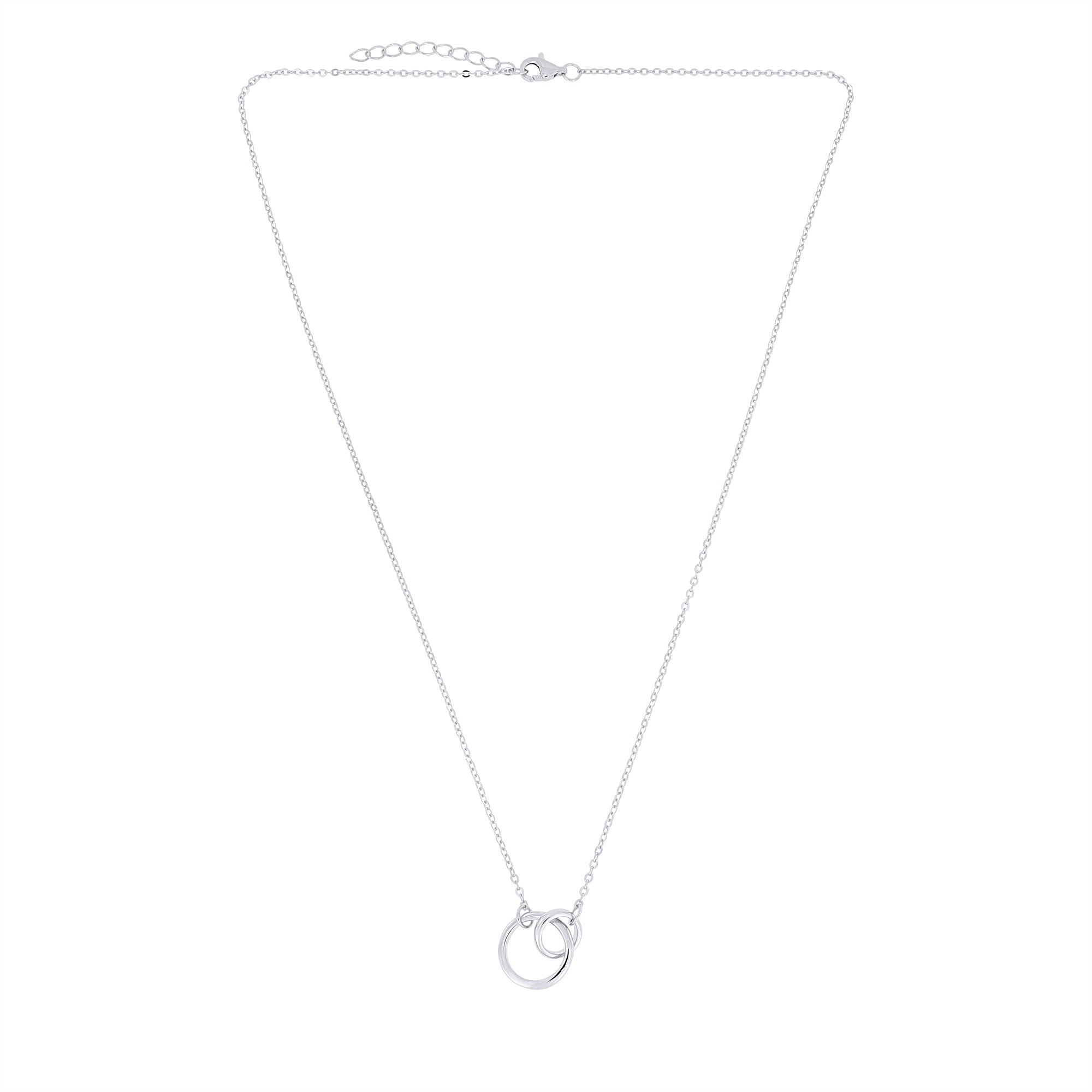 Silver necklace with interlocking rings on a white background